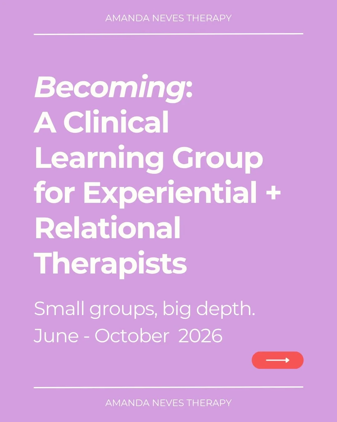 I&rsquo;m so happy to announce that we&rsquo;ll be running the 4th cohort of 🦋Becoming: A Supervision Group for Experiential Practice🦋

The response to previous groups has been incredibly meaningful, and we&rsquo;ve received such thoughtful feedbac