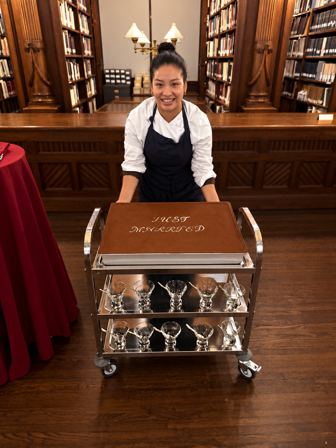 smiling woman with apron and large chocolate cake