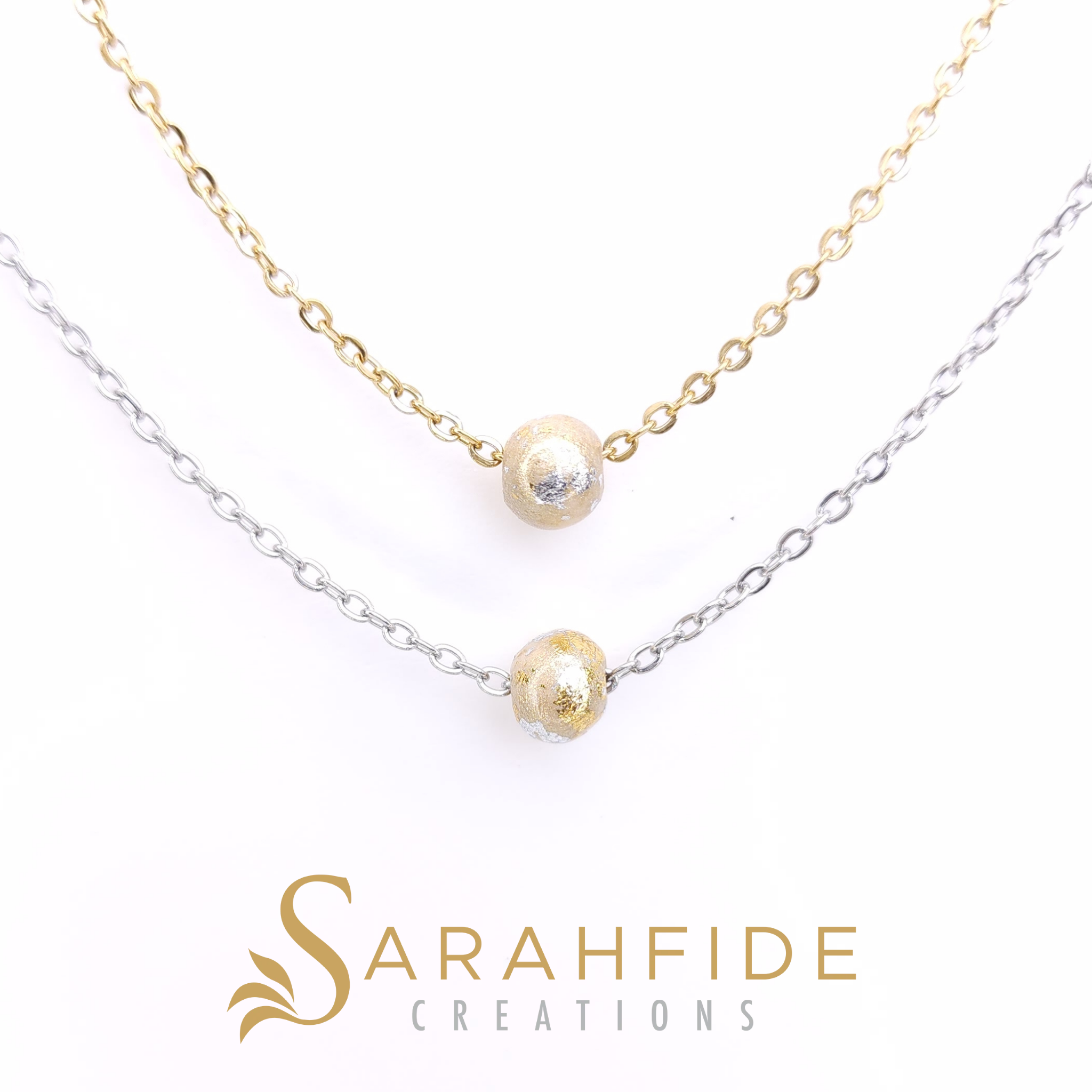 Gold Sparkling Jane Pendant Necklace, dainty gold sparkle bead with gold and silver flakes on a gold chain and a silver chain