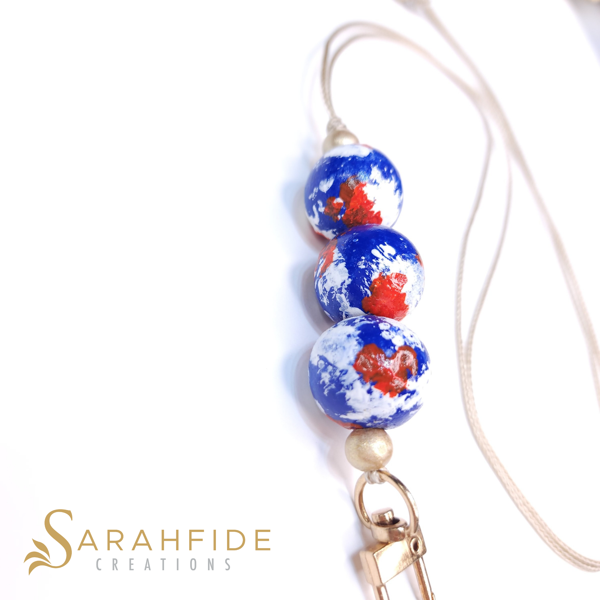 Royal blue, orange and white hand-painted wood bead gameday lanyard for ID badges, Florida Gators colors, by Sarahfide