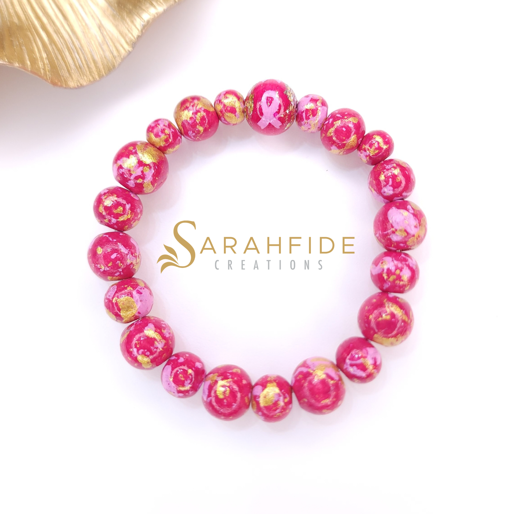 Breast Cancer Awareness Bracelet, deep pink wood beads with light pink and gold marbling