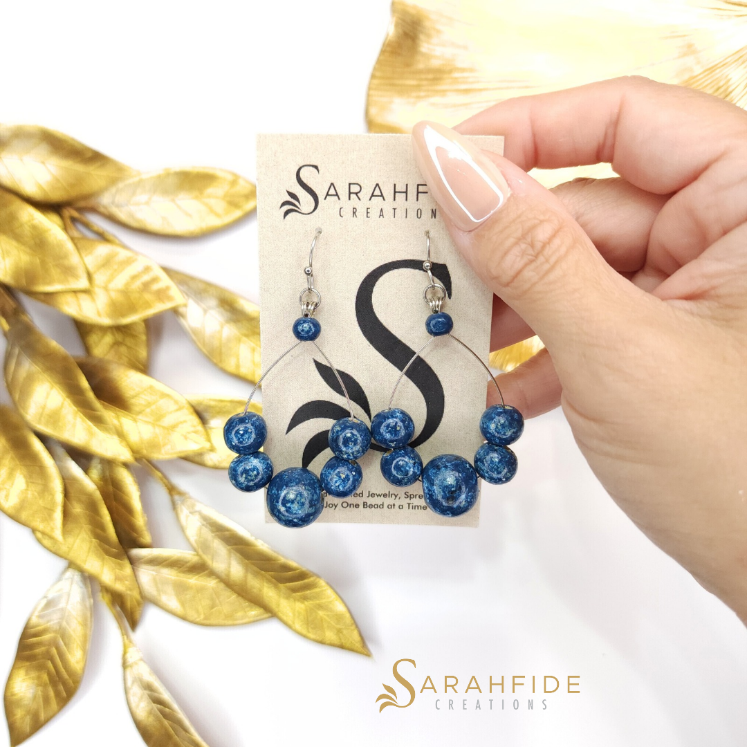 Denim Medium Round Drop Earrings, hand-painted wood beads