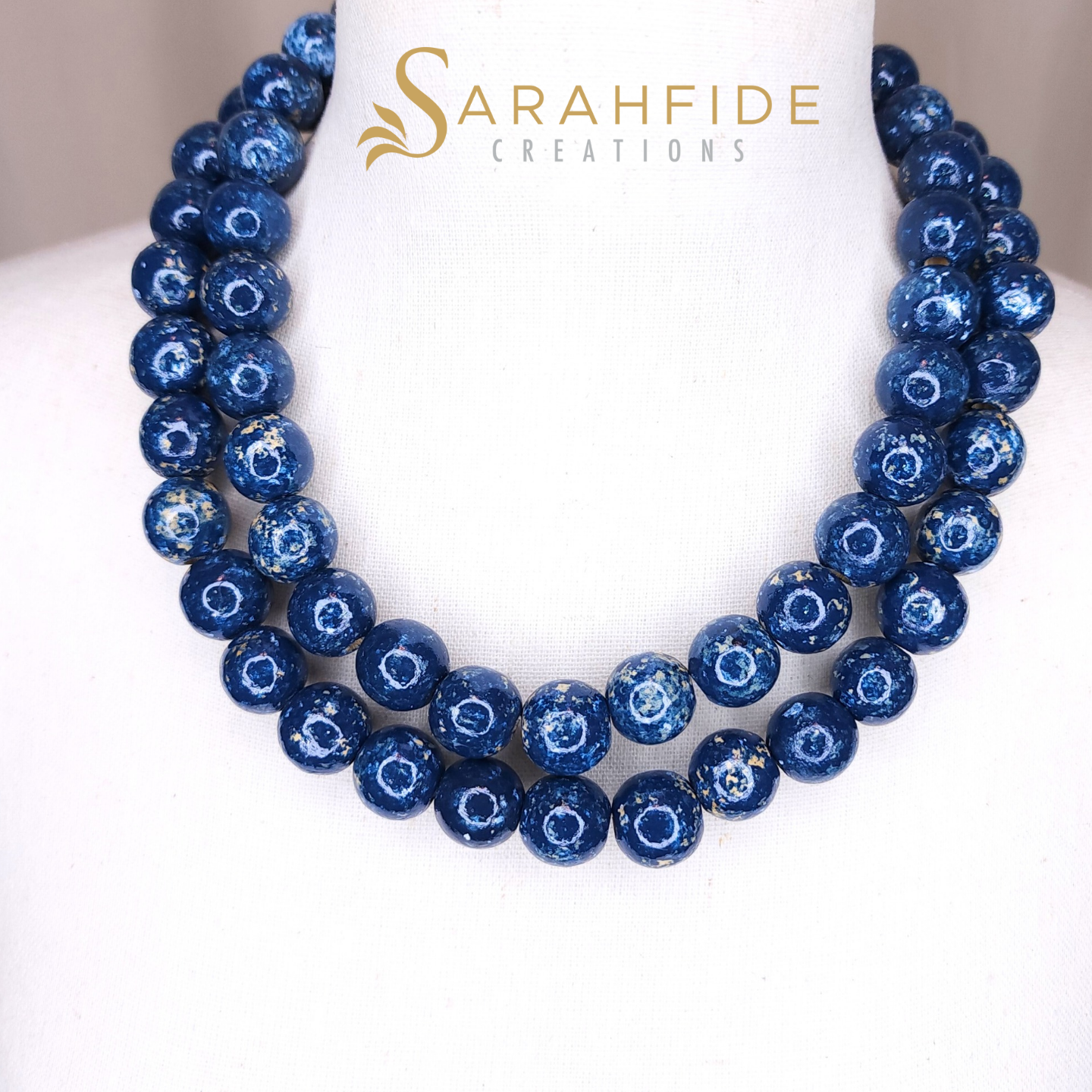 Denim Emelia Necklace, hand-painted wood beads