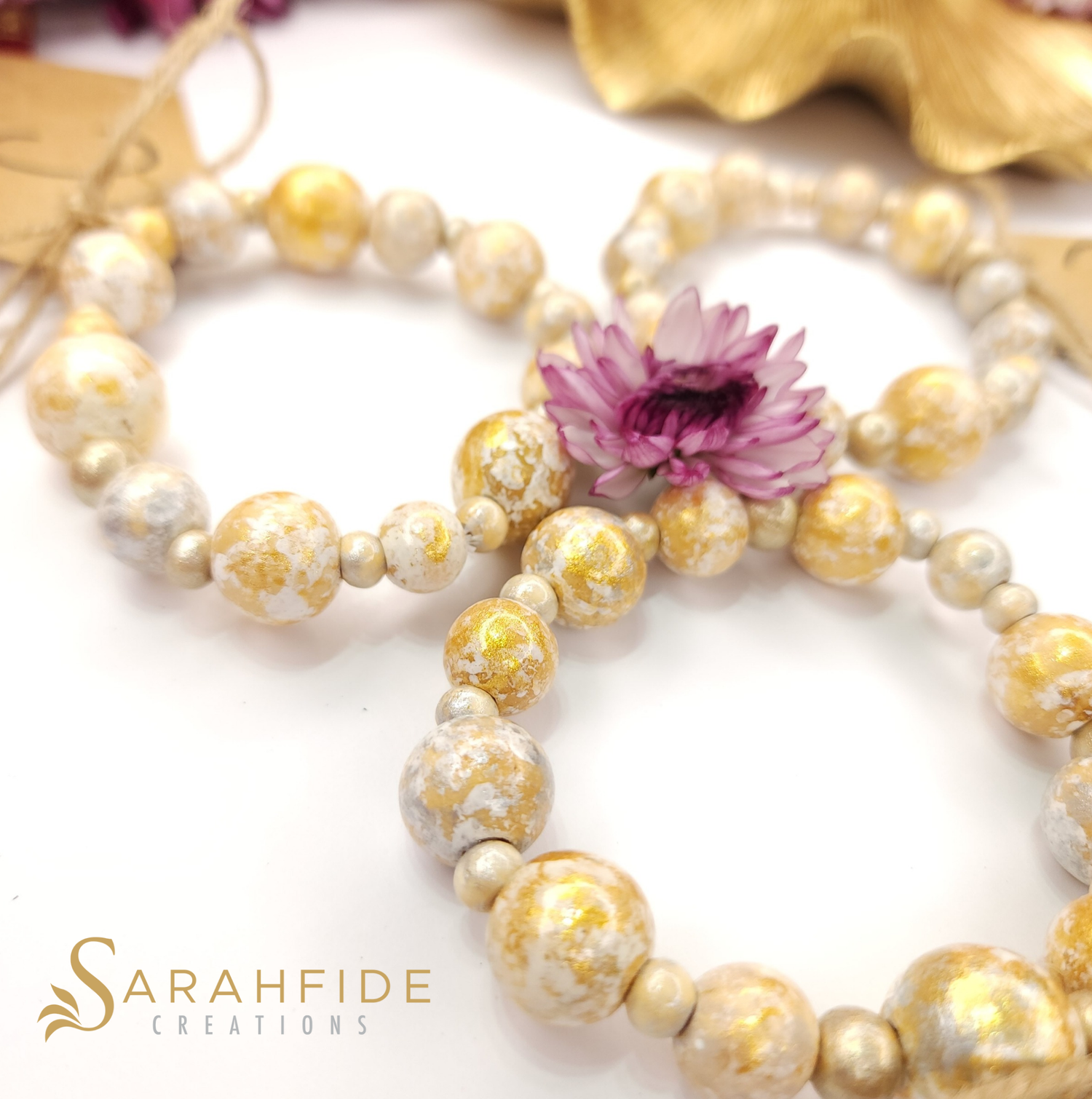 Hand Painted Cream Gold Silver Mixed Bead Bracelet Elegant 