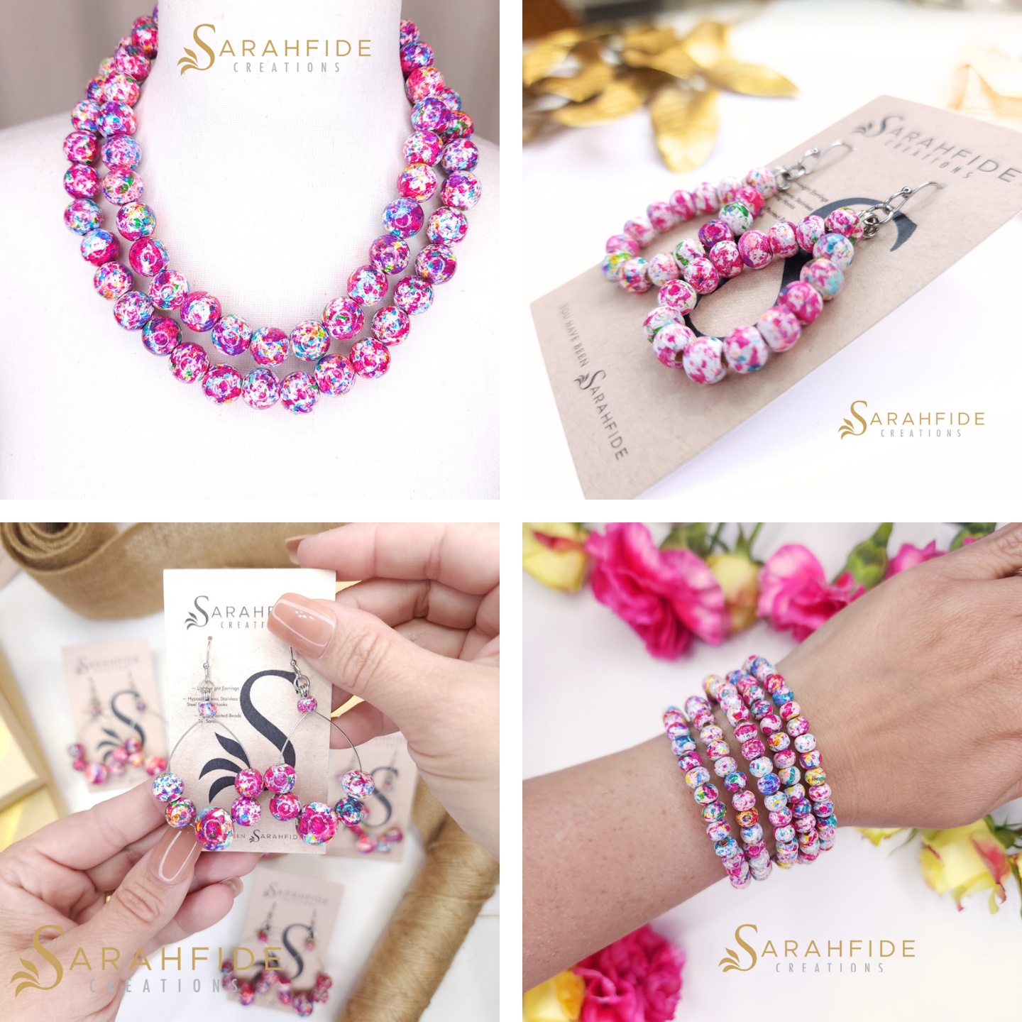 Sarahfide Garden Goddess hand-painted wood bead jewelry collection featuring colorful floral earrings, bracelets, and necklaces by Sarah Cash