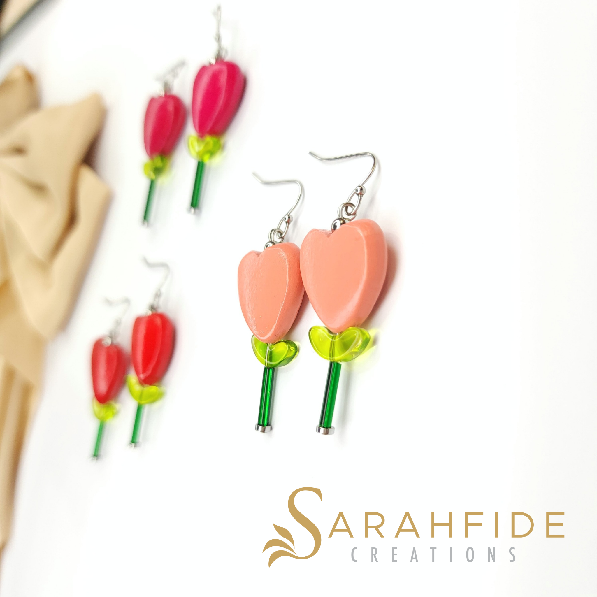 Alice Heart Tulip Wood Dangle Earrings