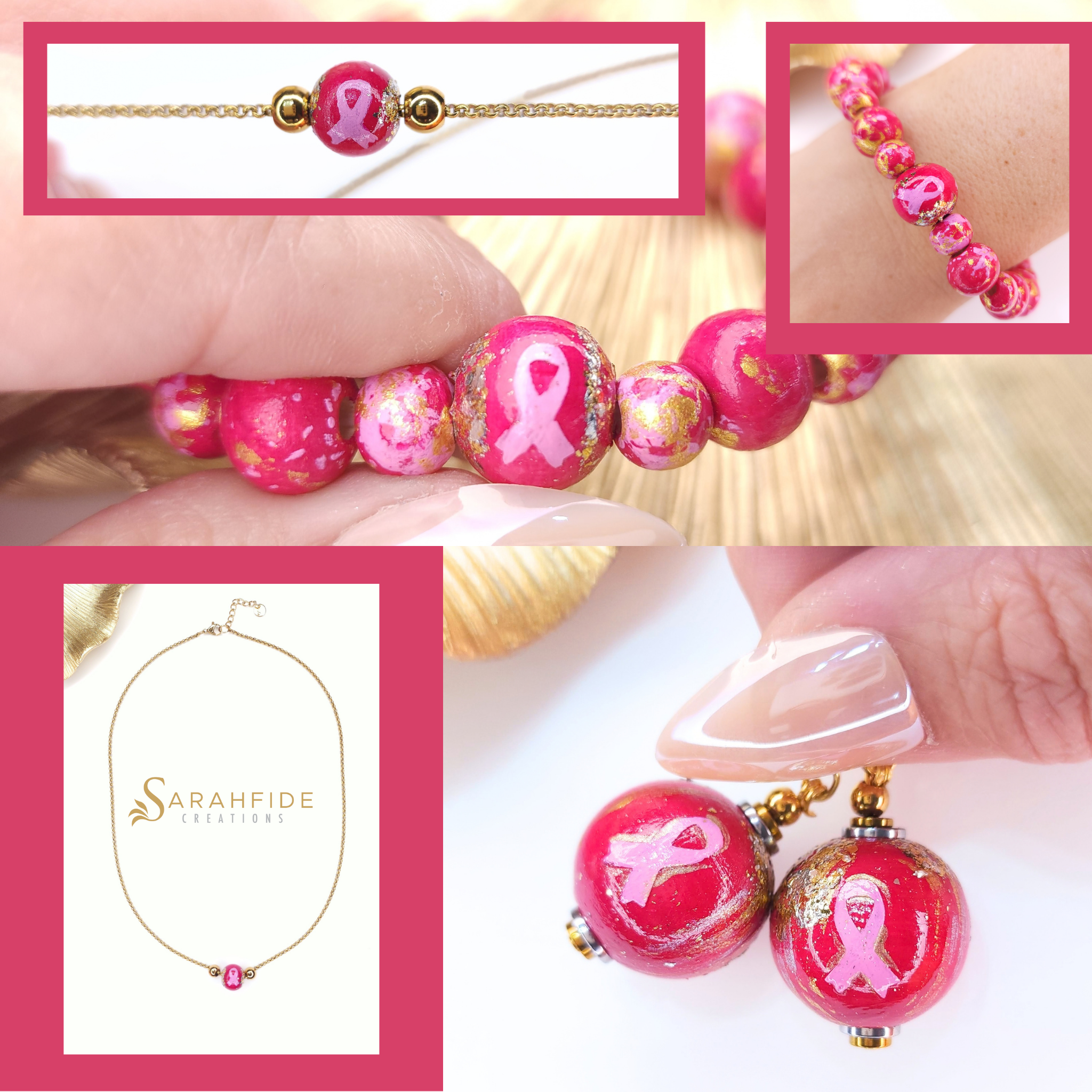 Hand-painted pink ribbon wood bead bracelet, necklace and earrings from the Sarahfide Pink Ribbon Collection