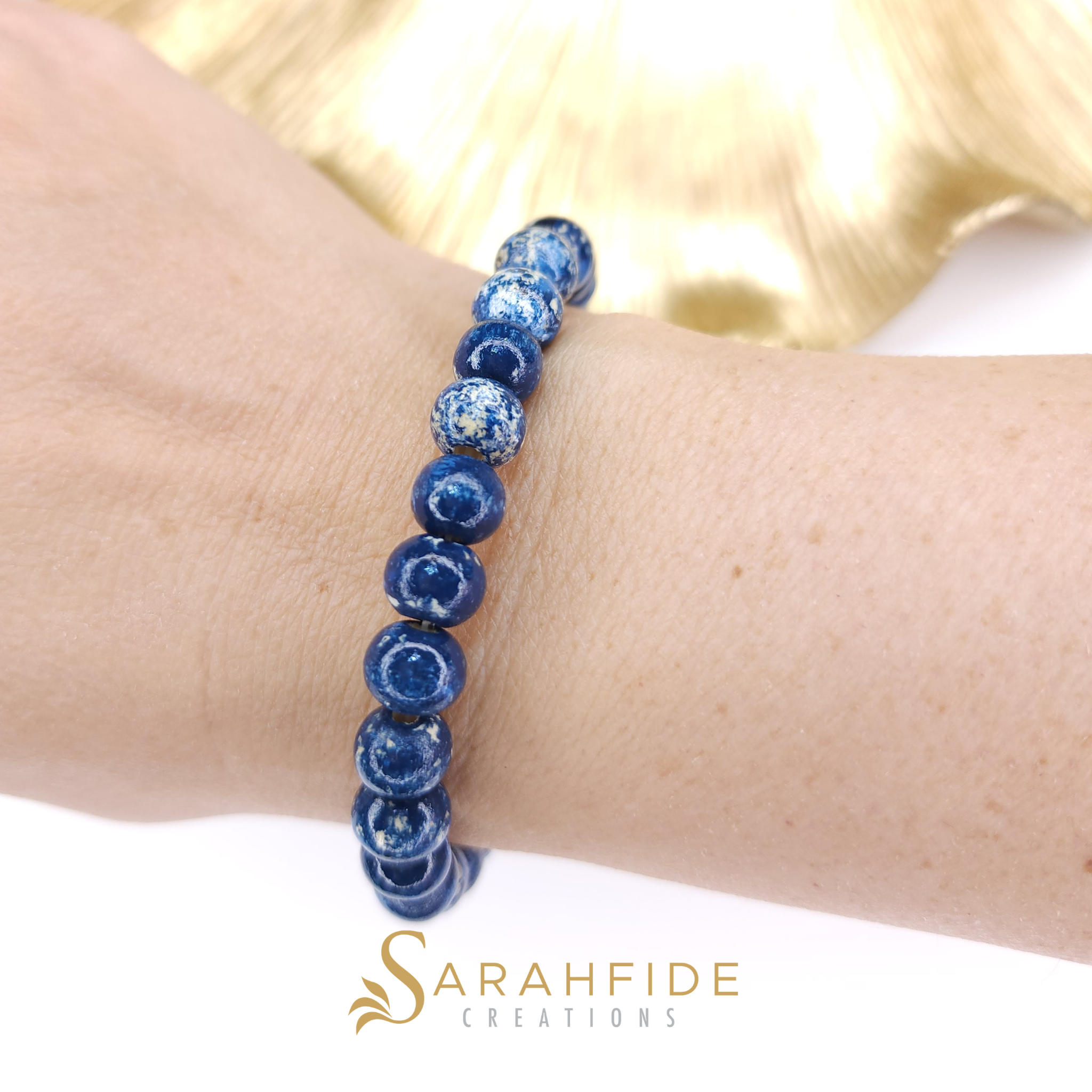 Denim Ravish Bracelet, hand-painted wood beads