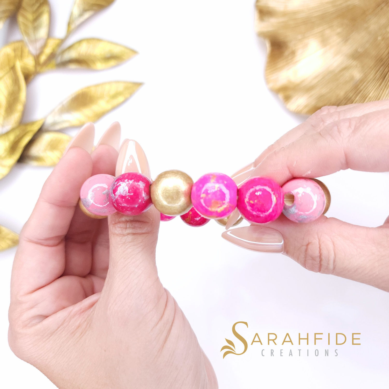 Hand-Painted Pink Color Pop Ritzy Wood Bead Bracelet | Sarahfide
