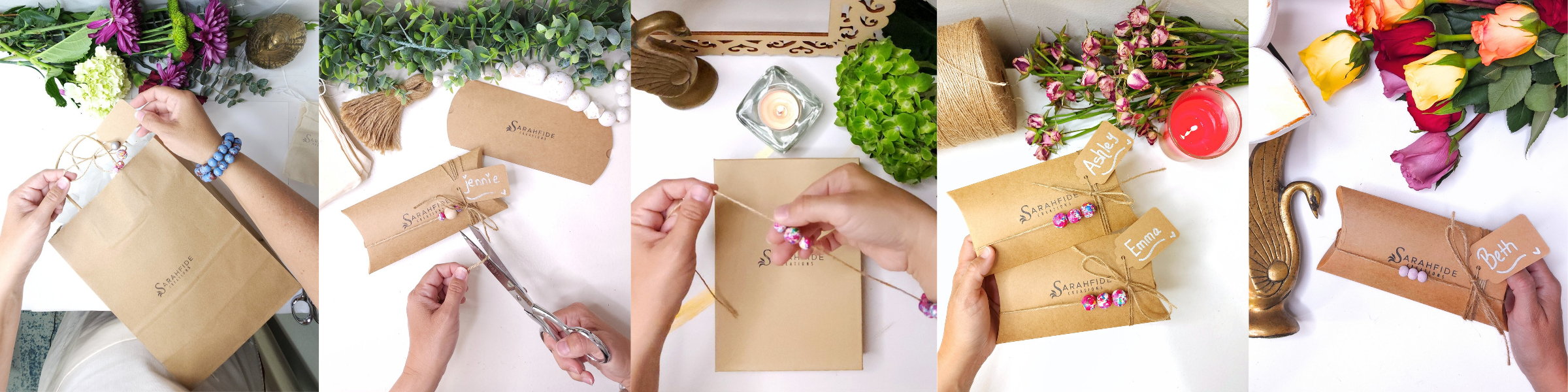 Sarahfide jewelry packaging — handmade hand-painted wood bead jewelry shipped with care from Jacksonville, FL