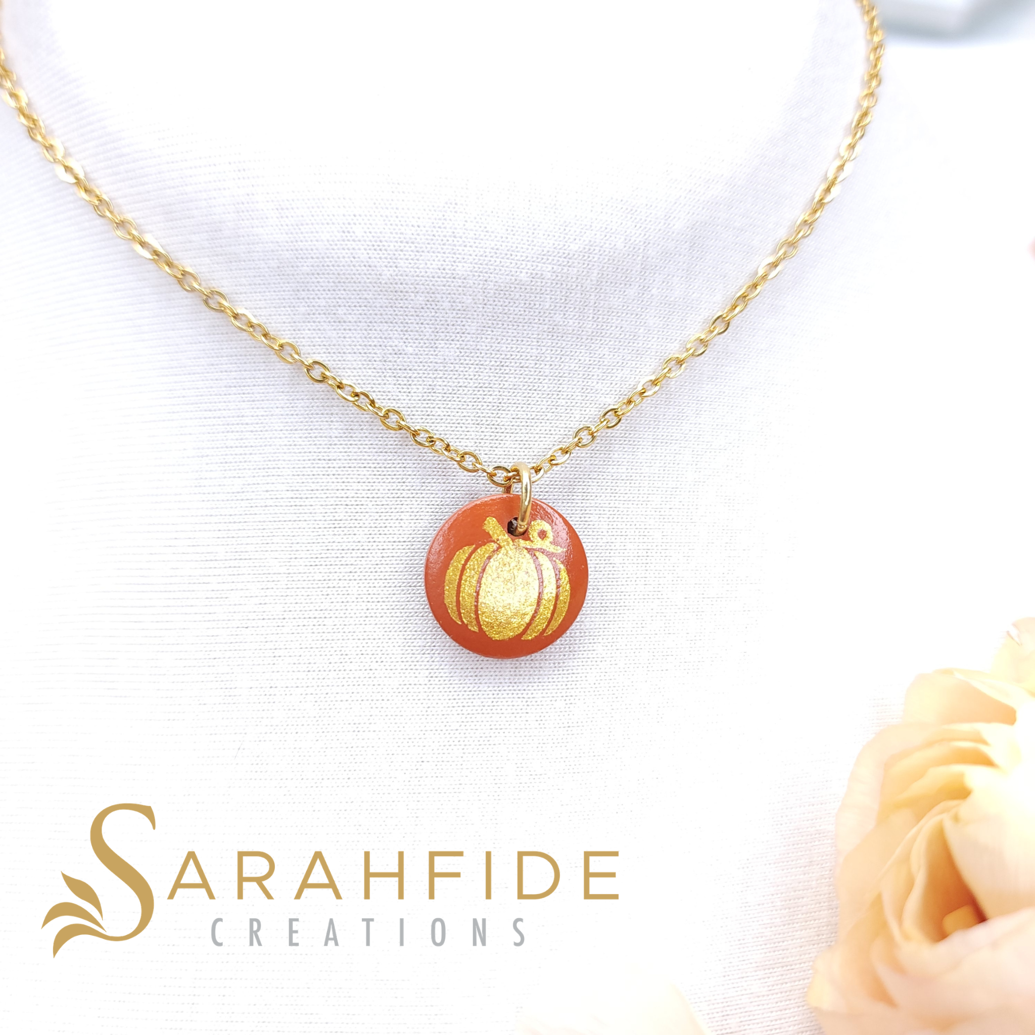 Golden Pumpkin Wood Charm Necklace