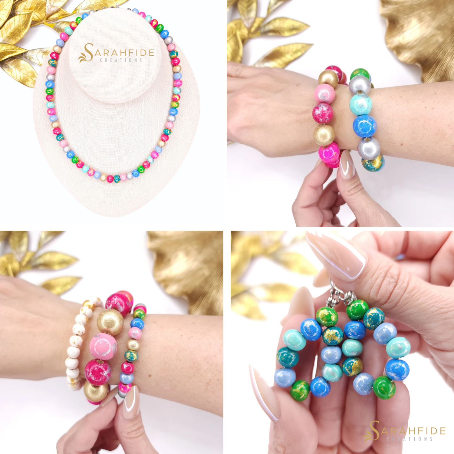 Sarahfide Color Pop hand-painted wood bead jewelry in nine vibrant colors with gold and silver marbling