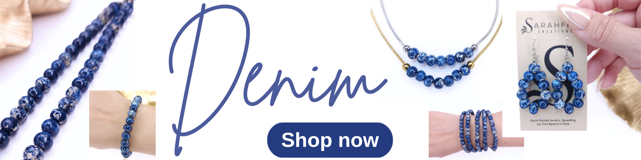 Shop Denim: navy and denim blue beaded earrings, stackable bracelets and layered necklaces, lightweight and hypoallergenic
