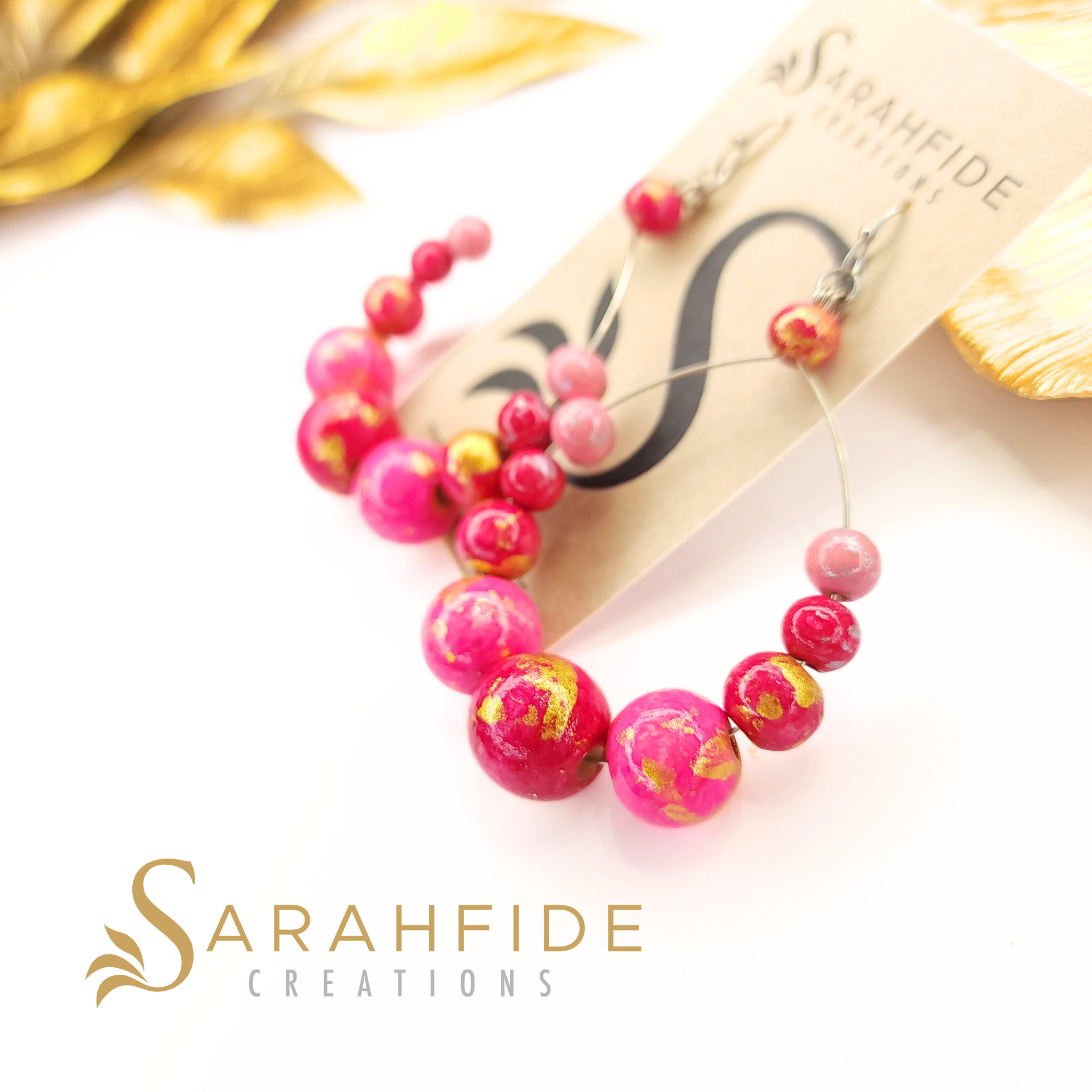 Pink Color Pop Large Round Drop Earrings, hand-painted pink wood beads with gold leaves