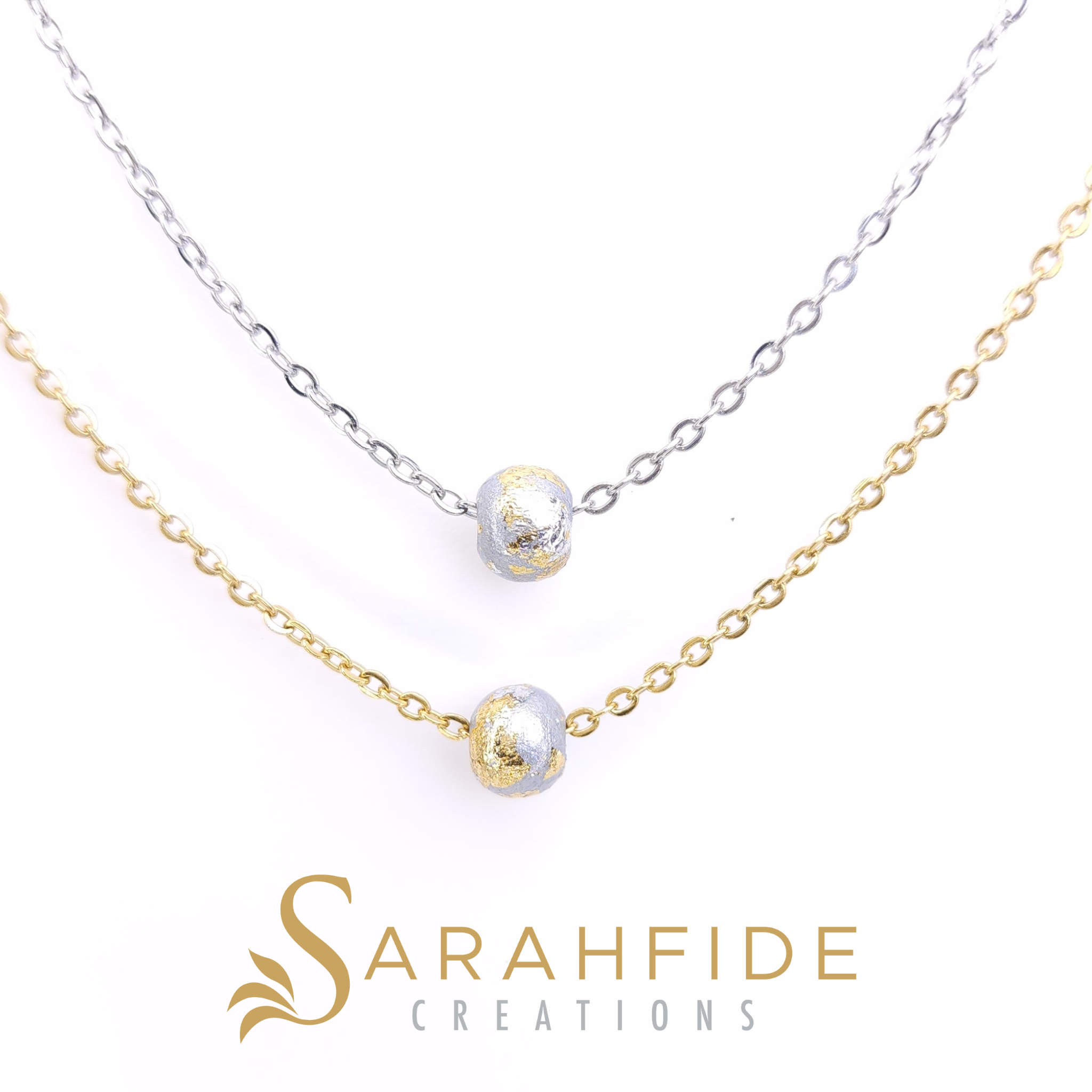 Silver Sparkling Jane Pendant Necklace, dainty silver sparkle bead with gold and silver flakes on a silver chain and a gold chain
