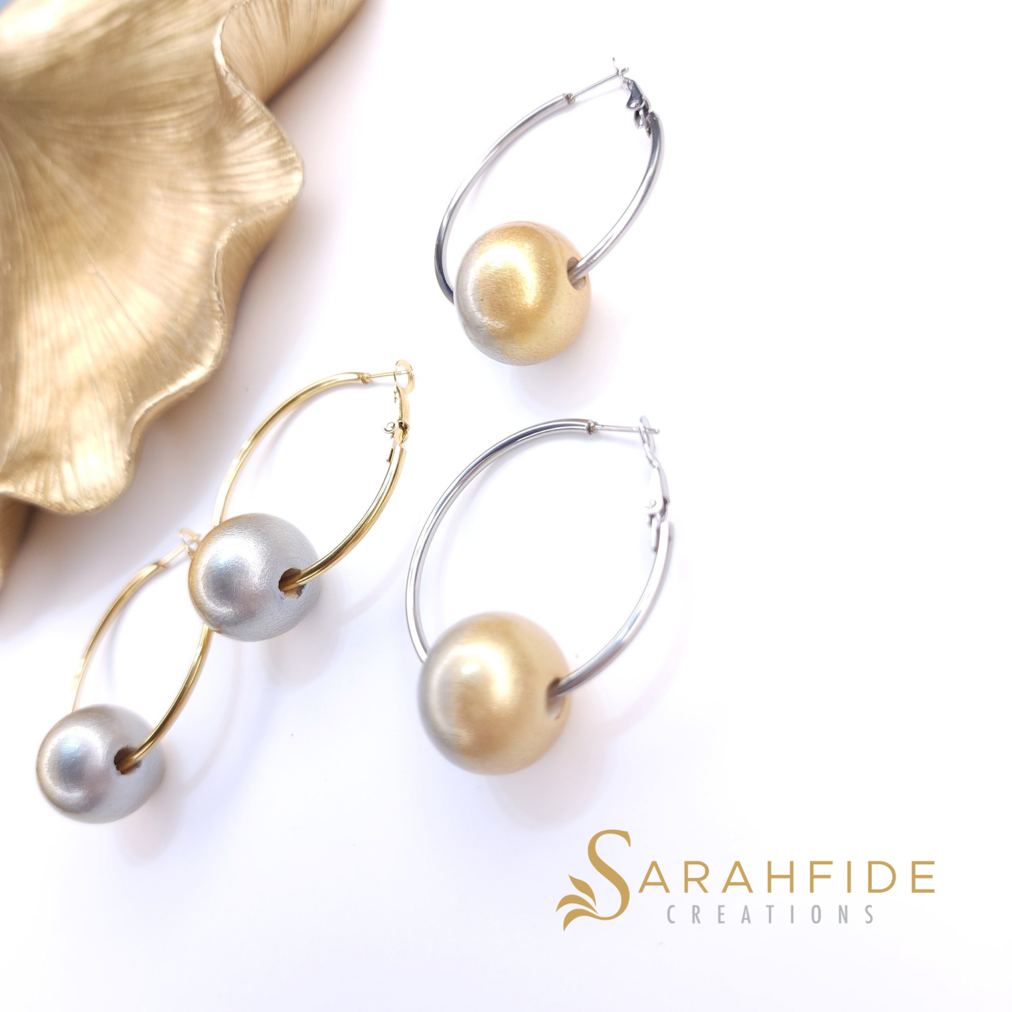 Platinum Bougie Hoop Earrings, chunky gold and silver ombré beads on large hoops