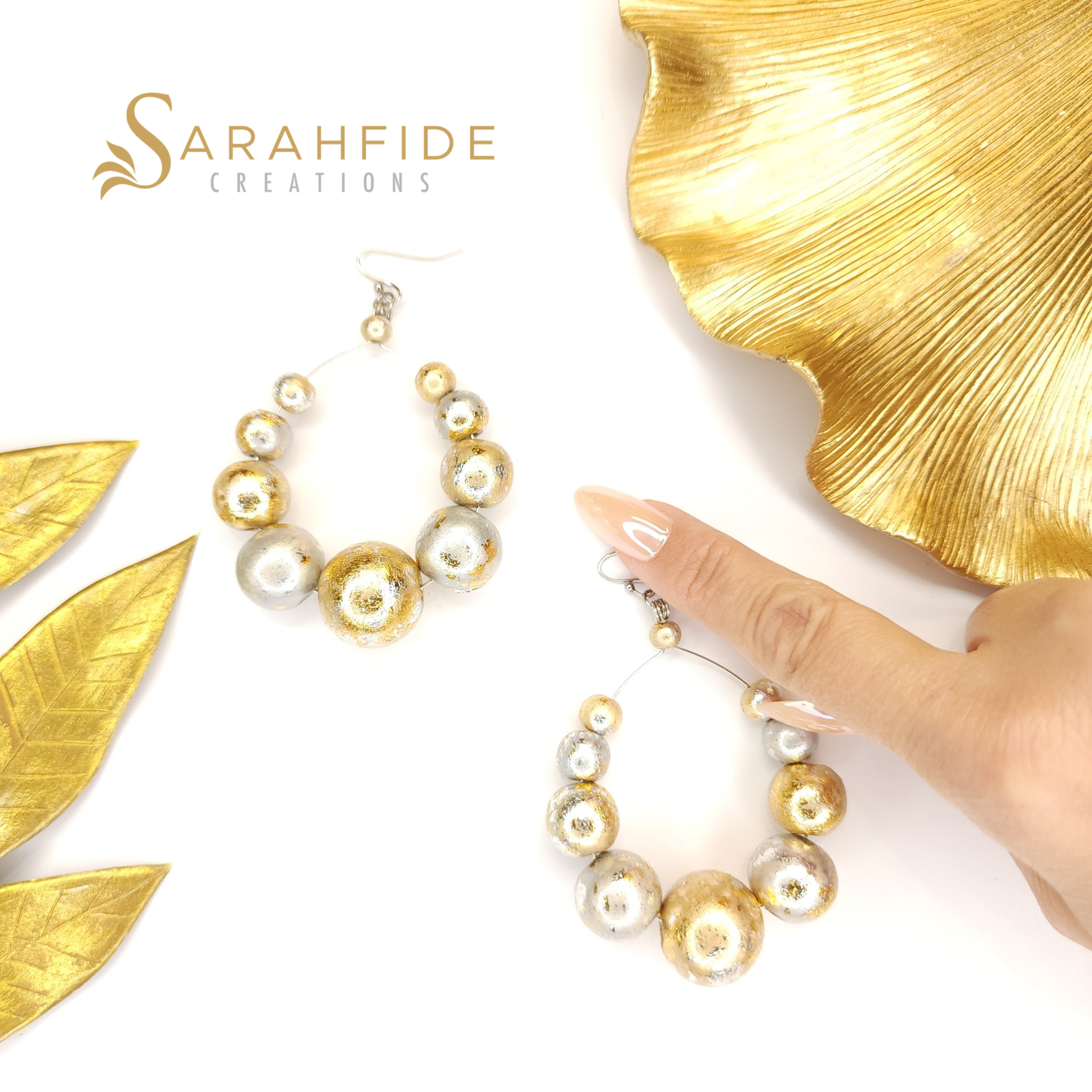 Pair of Sparkling Large Round Drop Earrings with gold leaves