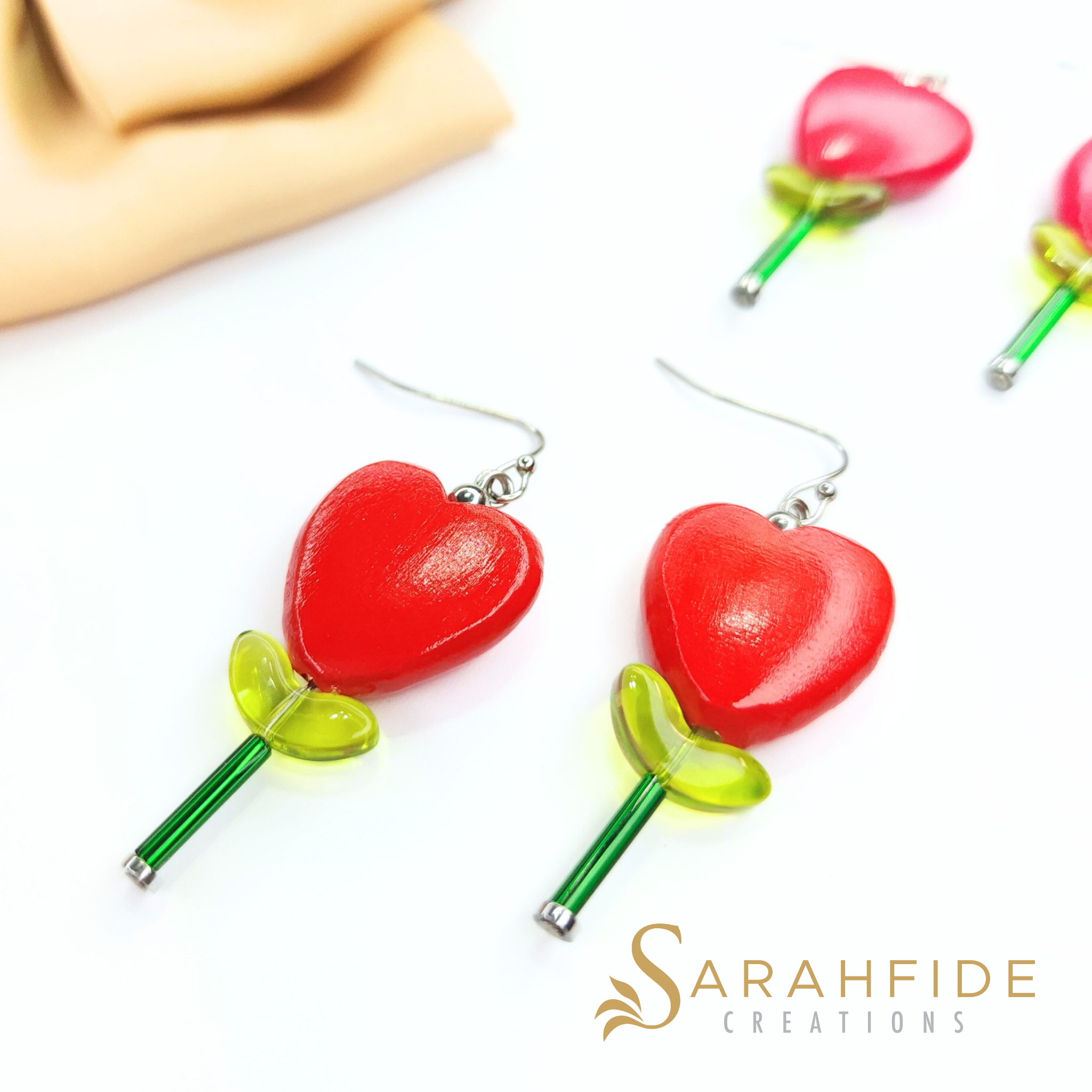 Alice Heart Tulip Wood Dangle Earrings