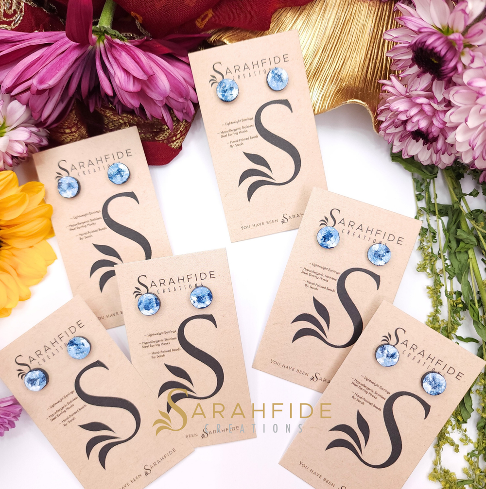 Denim Pixie Stud Earrings, hand-painted wood beads