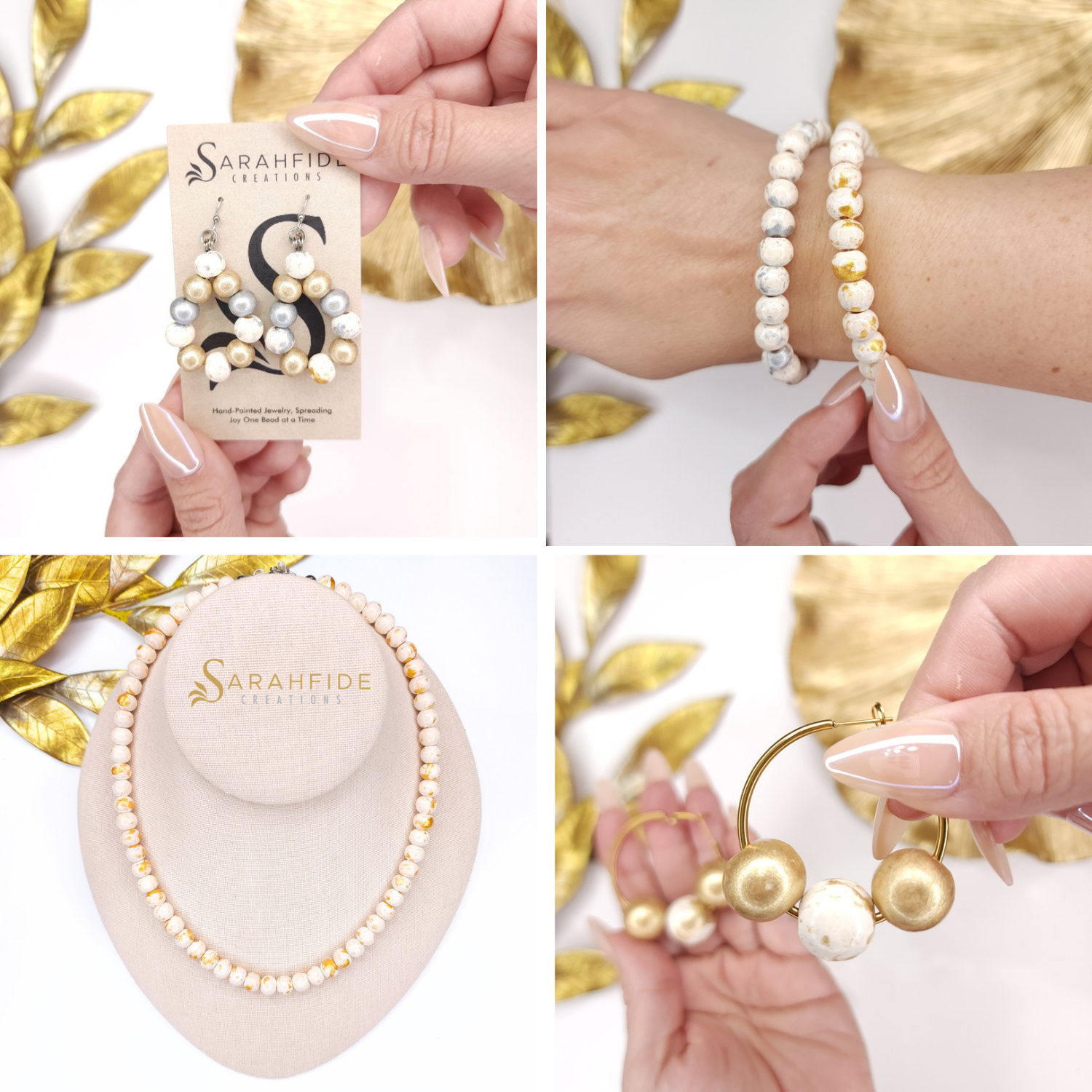 Sarahfide Lux hand-painted wood bead jewelry in warm white with elegant gold and silver marbling