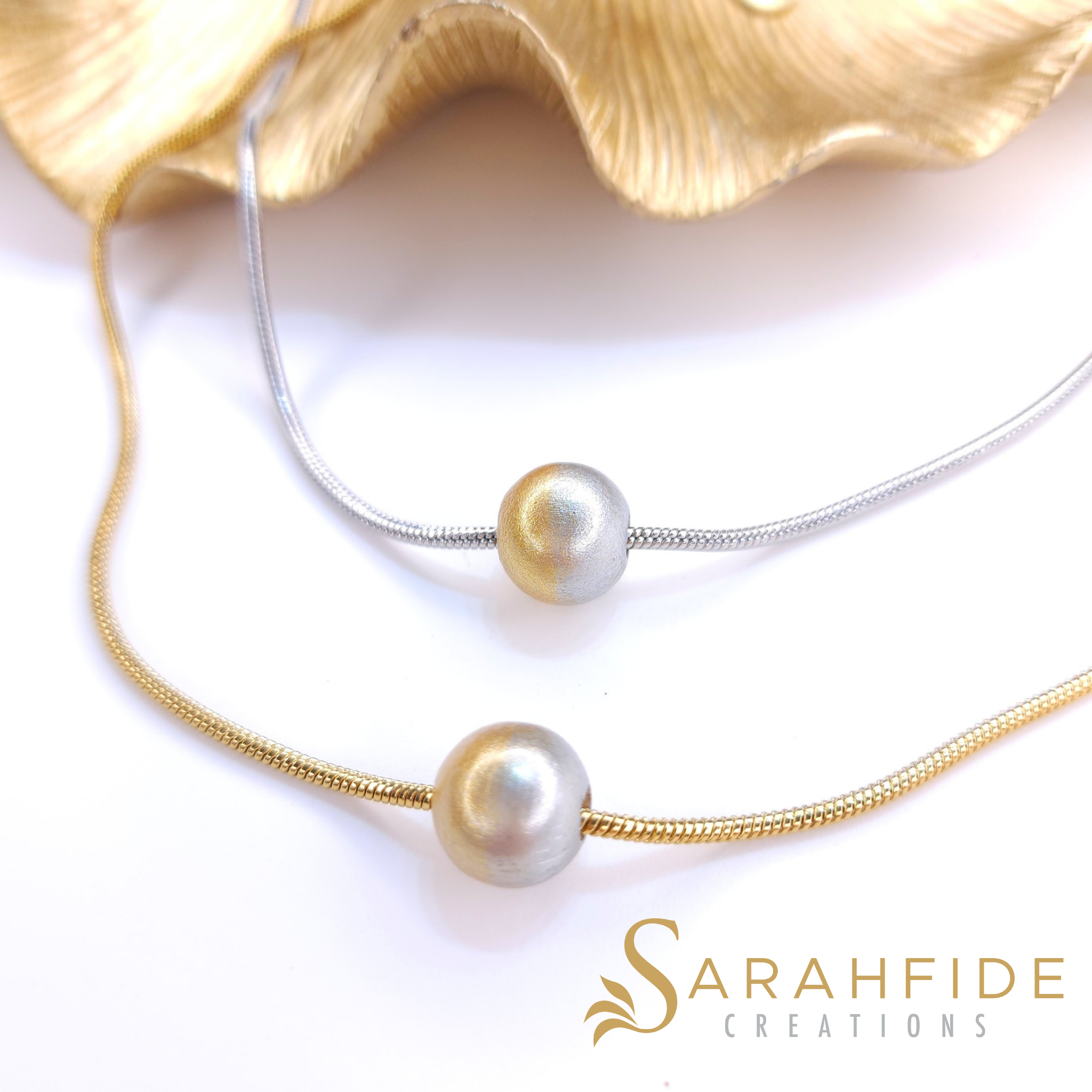 Platinum Bonjour pendants, gold and silver ombré hand-painted wood beads