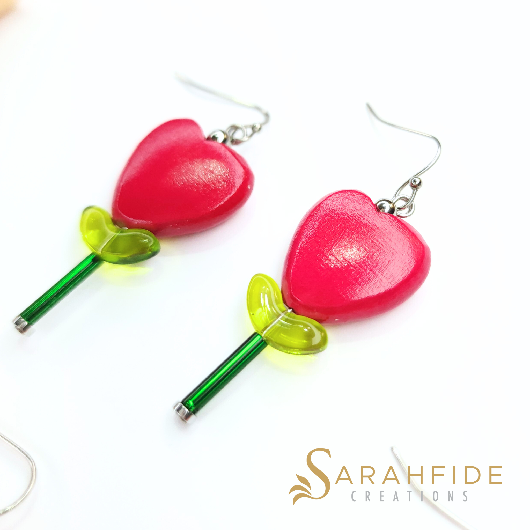 Alice Heart Tulip Wood Dangle Earrings
