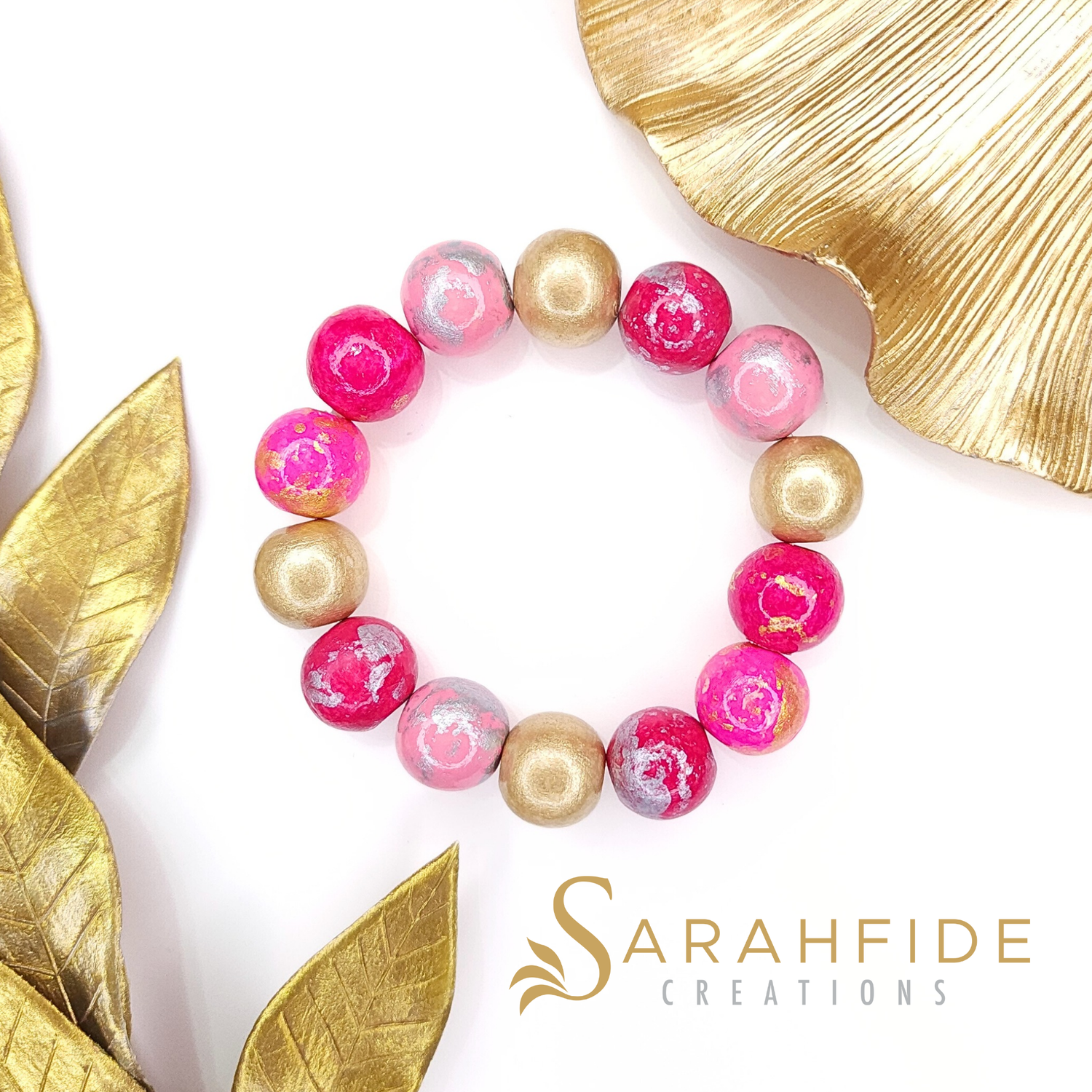 Hand-Painted Pink Color Pop Ritzy Wood Bead Bracelet | Sarahfide