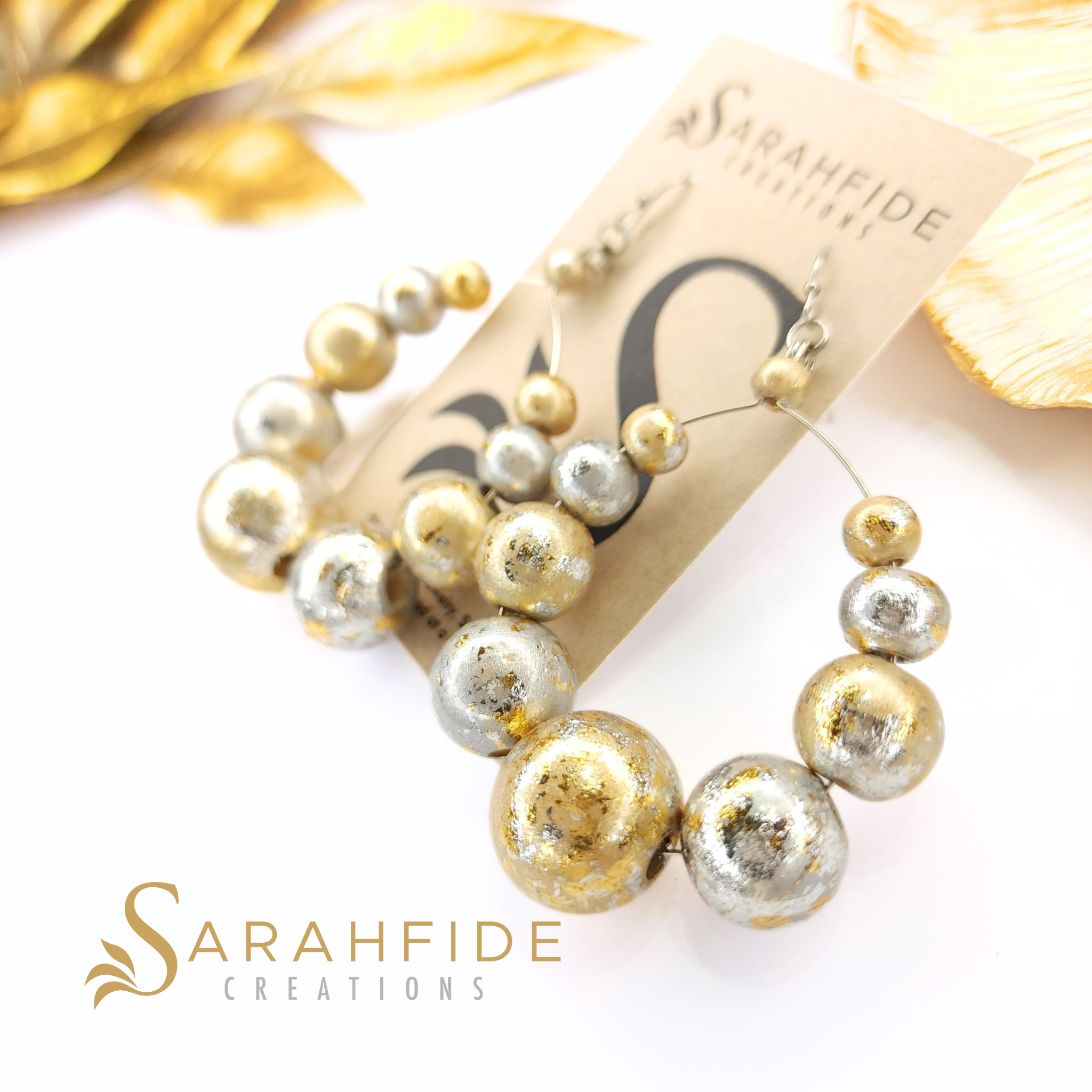 Sparkling Large Round Drop Earrings on a Sarahfide card, hand-painted gold and silver sparkling wood beads