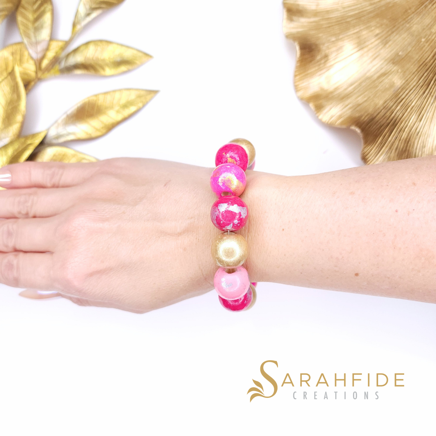 Hand-Painted Pink Color Pop Ritzy Wood Bead Bracelet | Sarahfide
