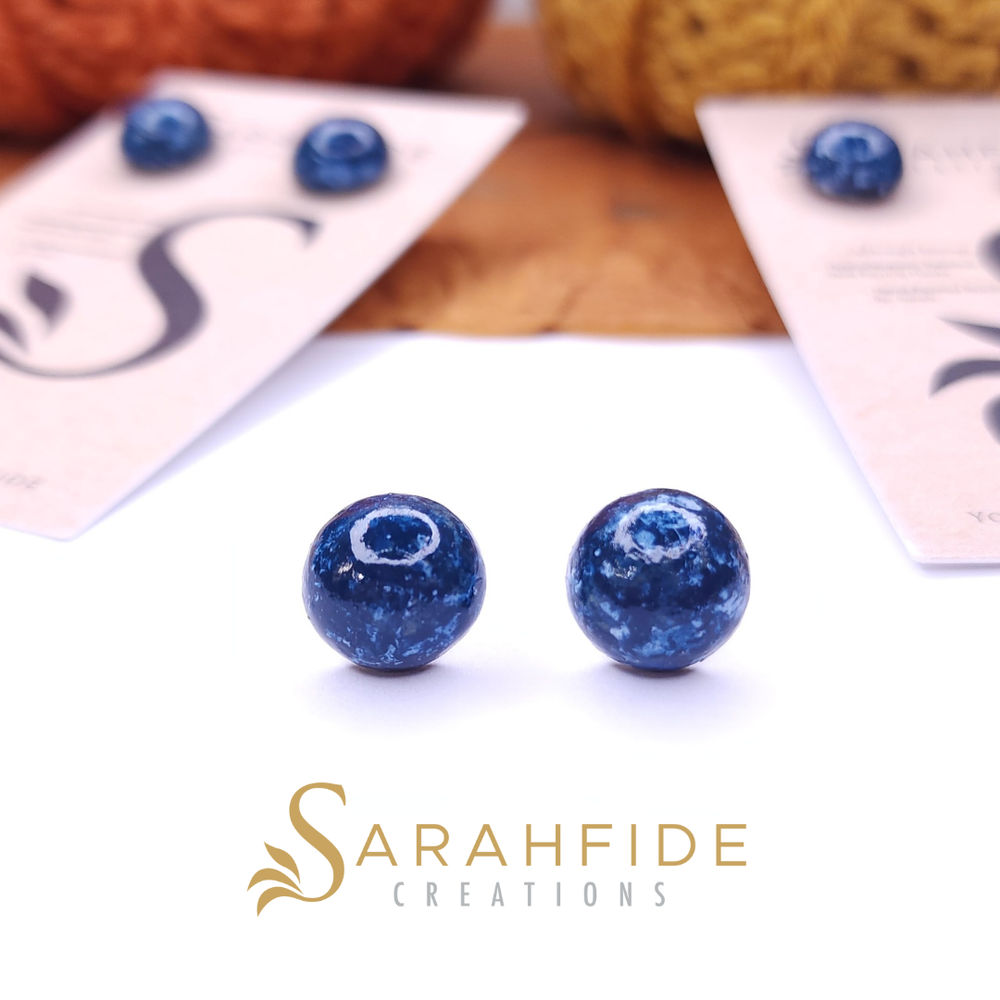 Denim Dot Stud Earrings, hand-painted wood beads