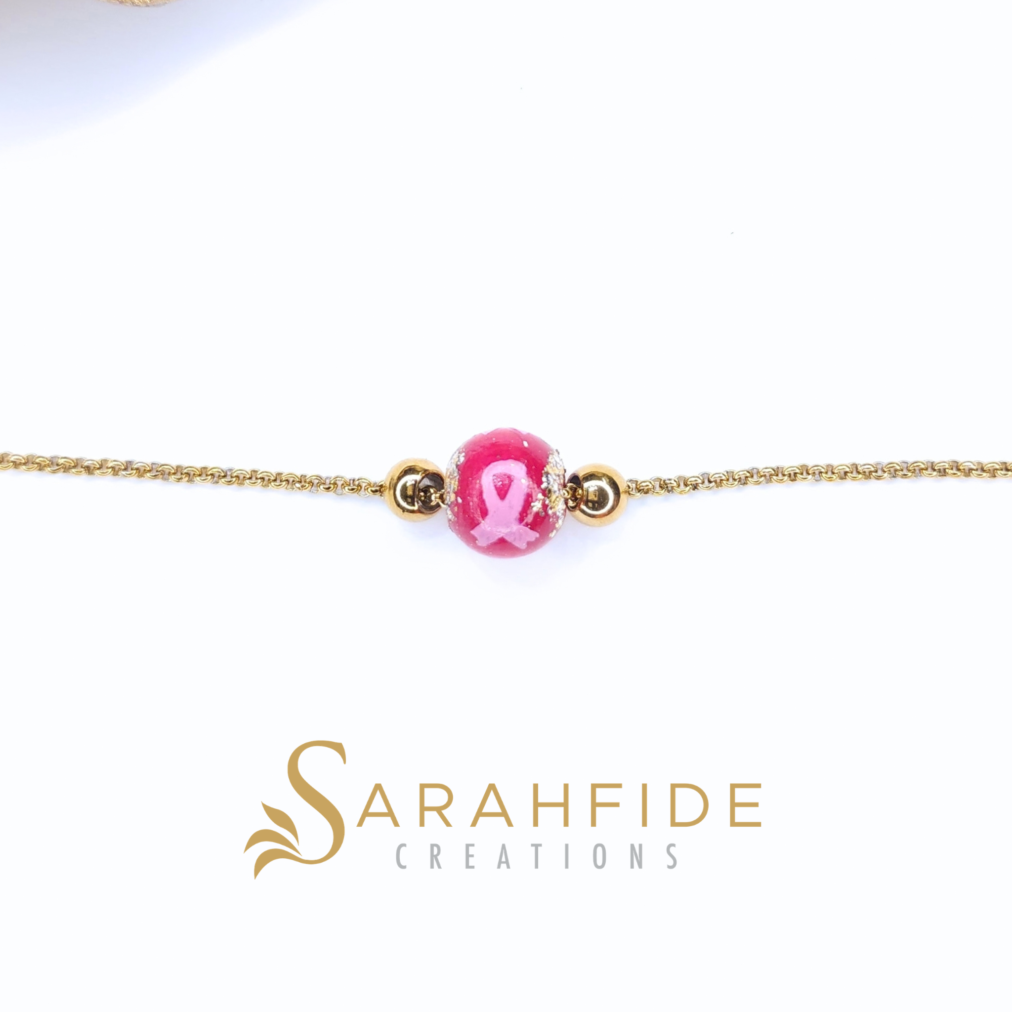 Breast Cancer Awareness Versailles Necklace, deep pink bead with gold details