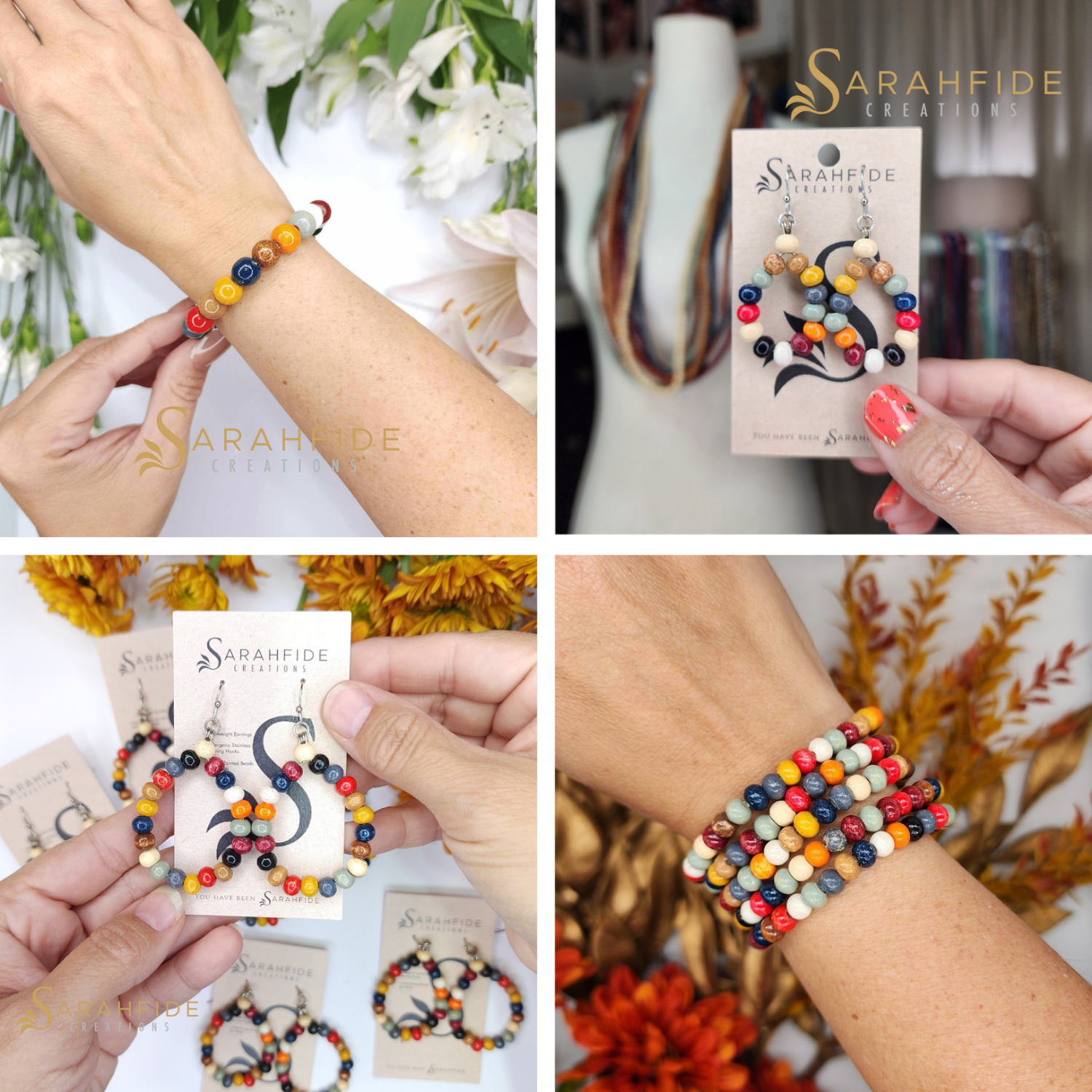 Sarahfide hand-painted wood bead Blessing bracelets and earrings in colorful earthy tones, lightweight and hypoallergenic jewelry by Sarah Cash