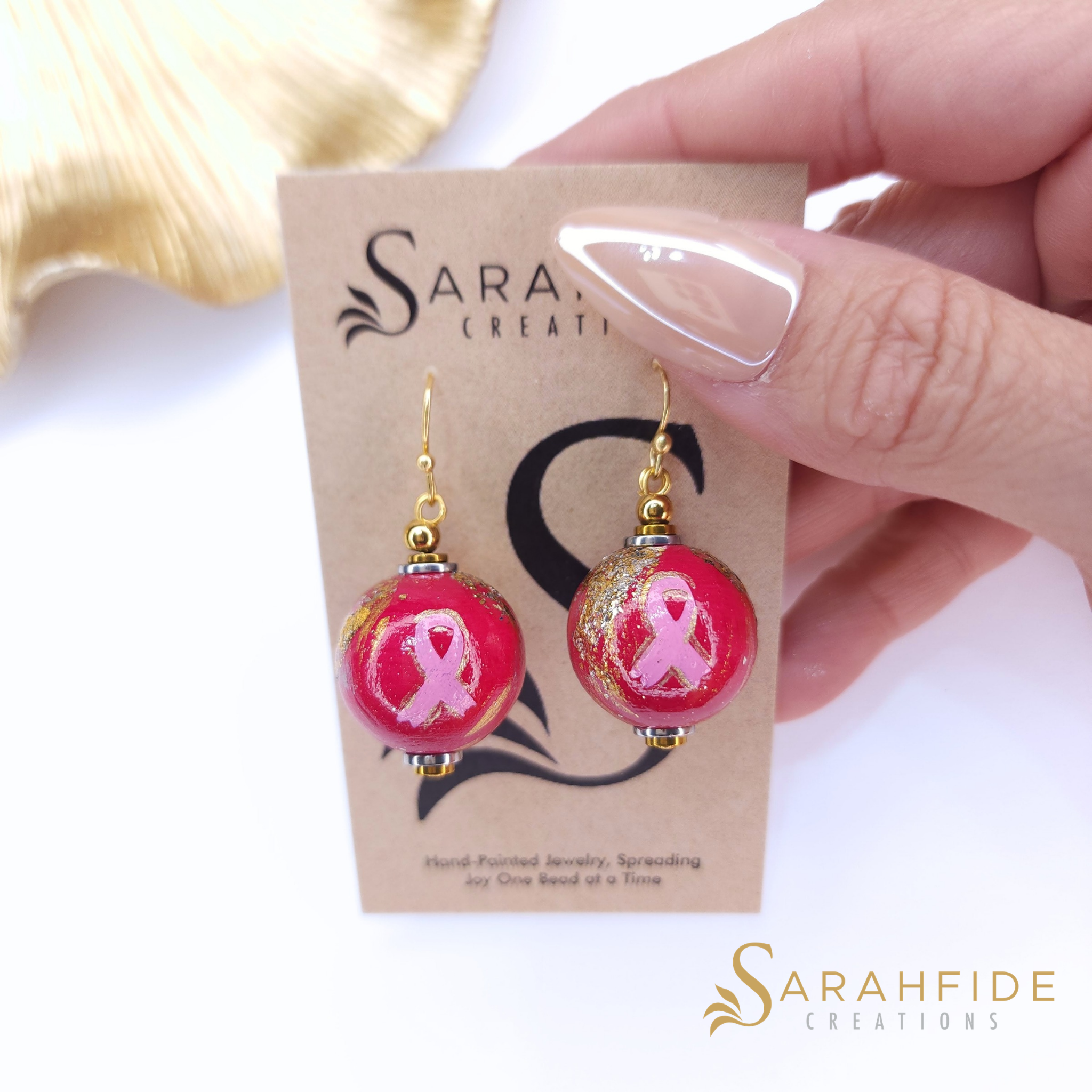 Breast Cancer Awareness Bougie Shy Dangle Earrings on a Sarahfide earring card