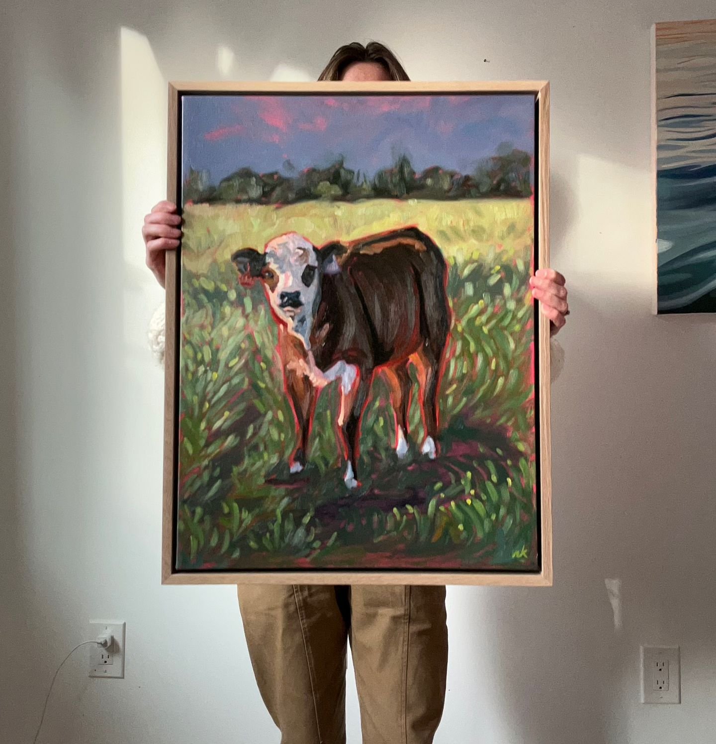 Cow seeking forever home;

Rosy, painted summer 2023, is looking for a forever home. She is very sweet, but has a big personality defined by her subtle texture and bold brush strokes.

Plays well with natural farmhouse or cottage decor, but would fit