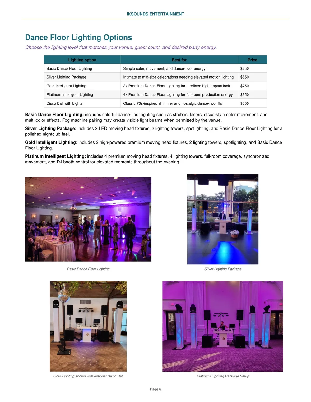 Complete Dance Floor Lighting Options page from the approved 2026 wedding pricing guide, including the correct four-tower Platinum setup