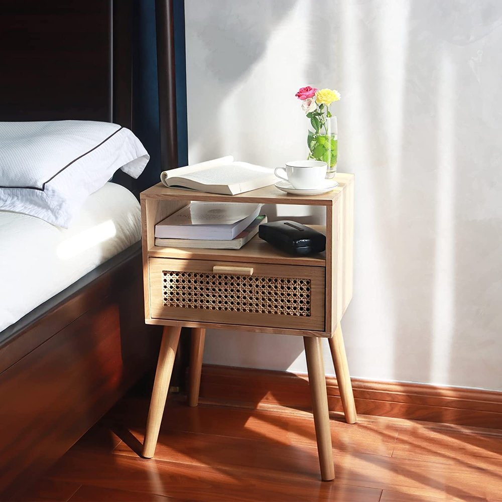 Rattan Nightstand Side Table