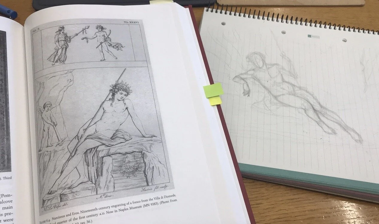 One of the Roman frescoes and the original sketch