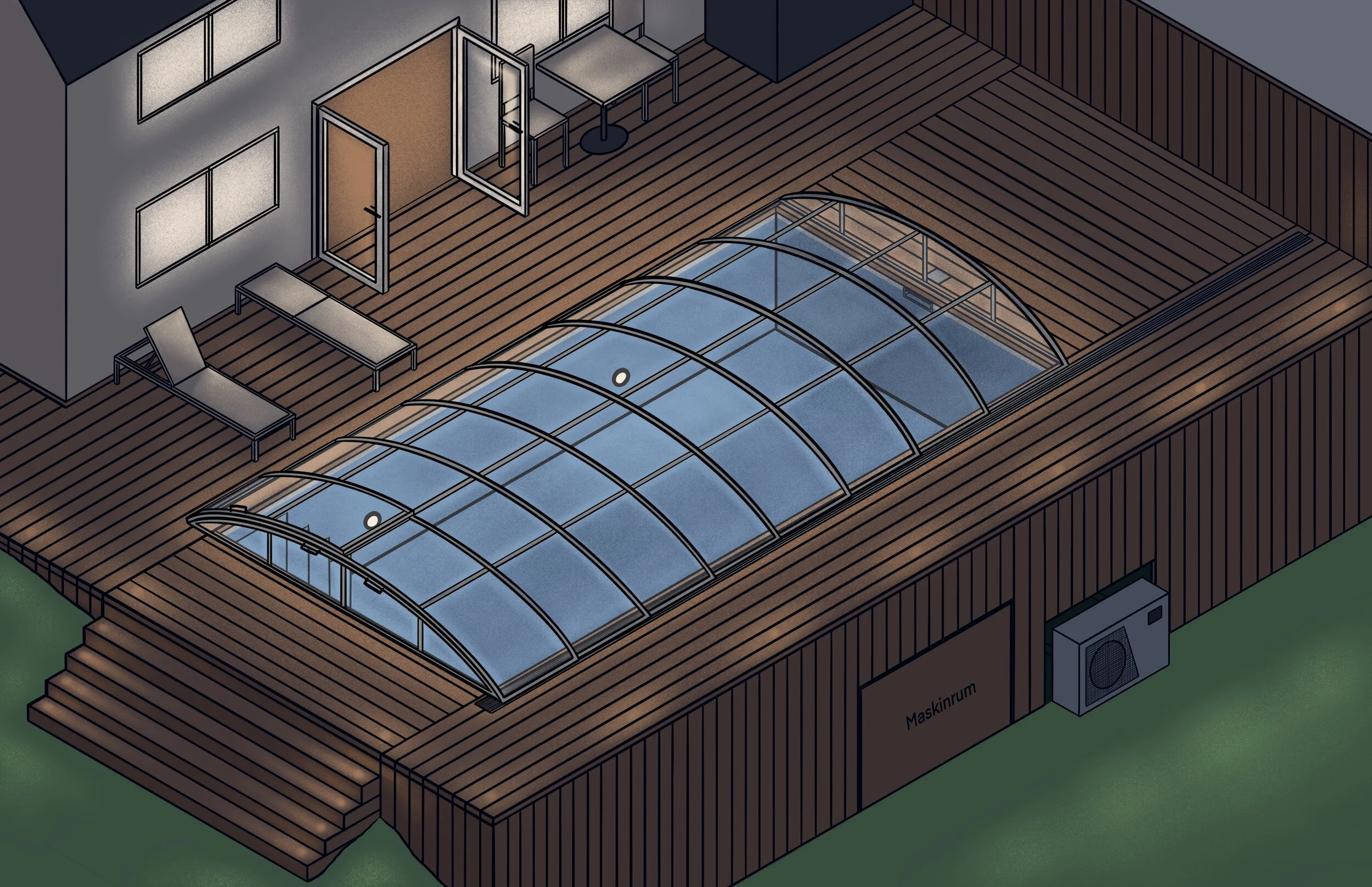 Night view with the raised deck and a pool roof