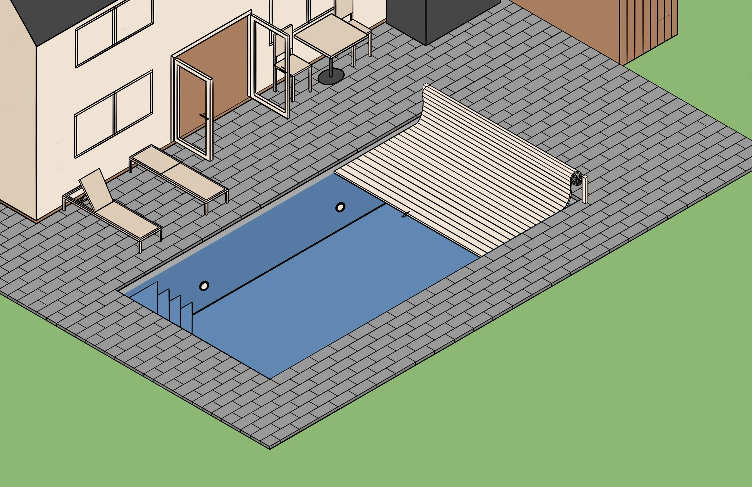 Stone deck and a roll-up cover