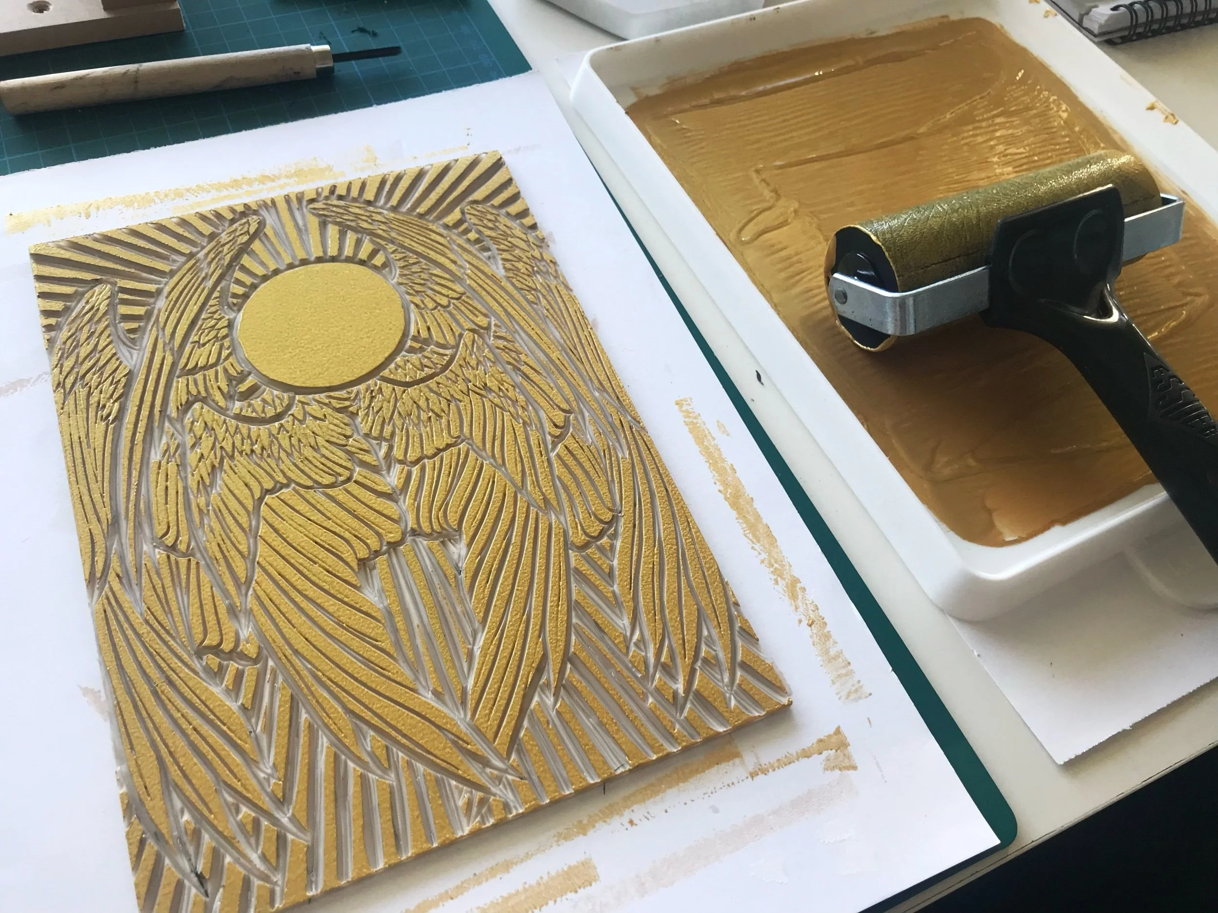 Seraph Linocut Original with Gold Paint