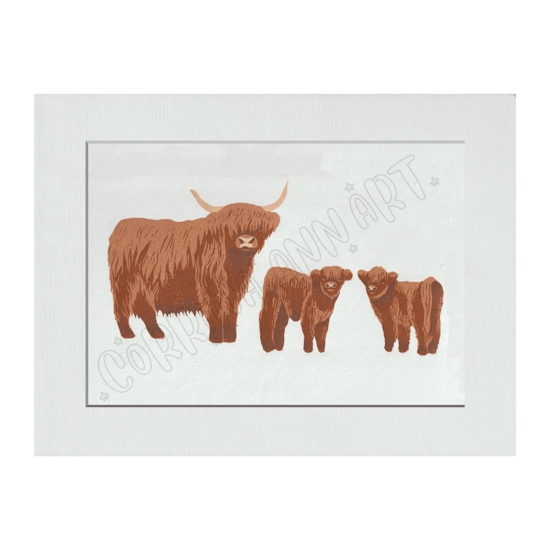 Highland Cow Family Linocut Print