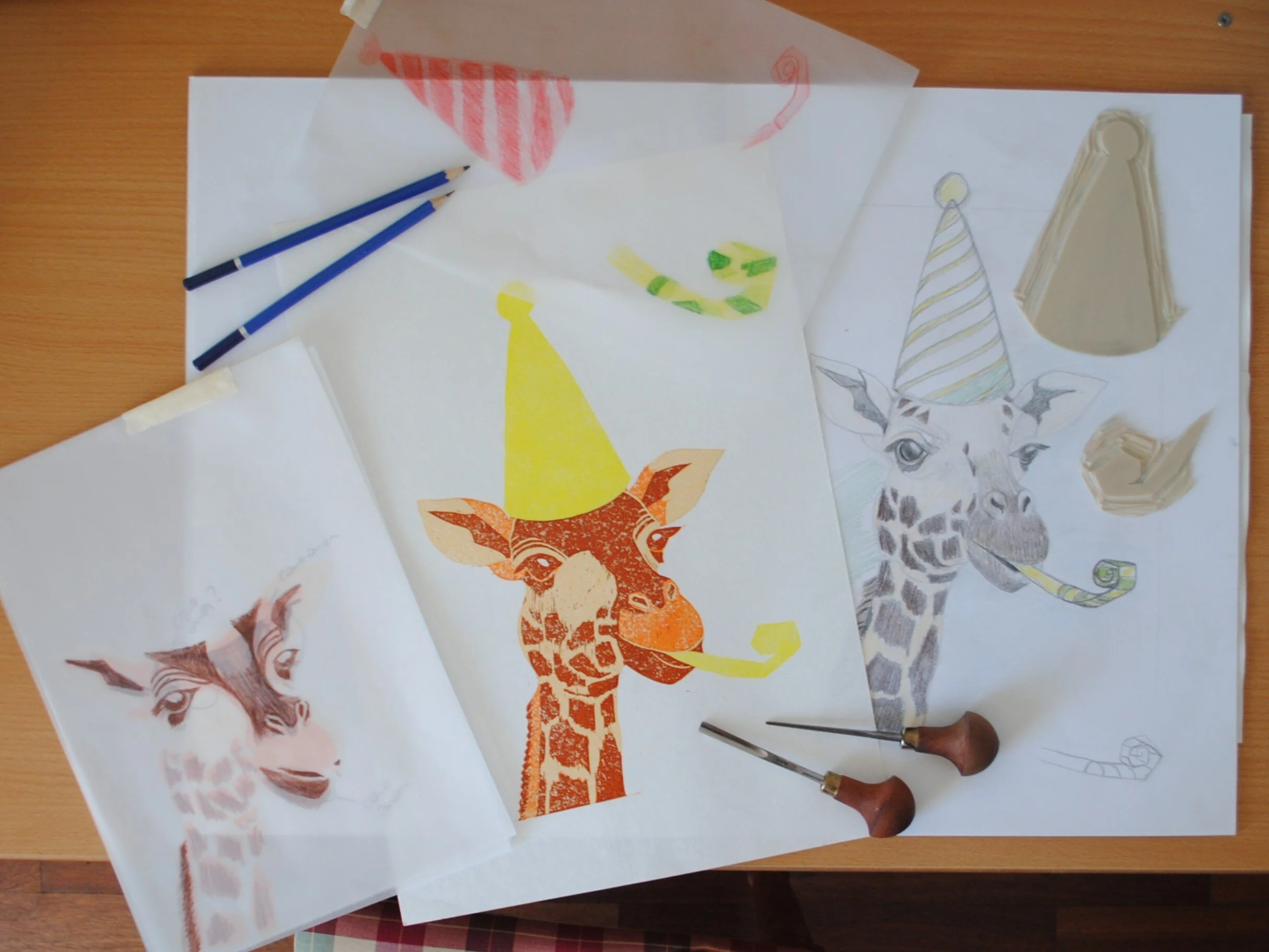 Flatlay tracing paper with giraffe design reduction method linocut method.jpg
