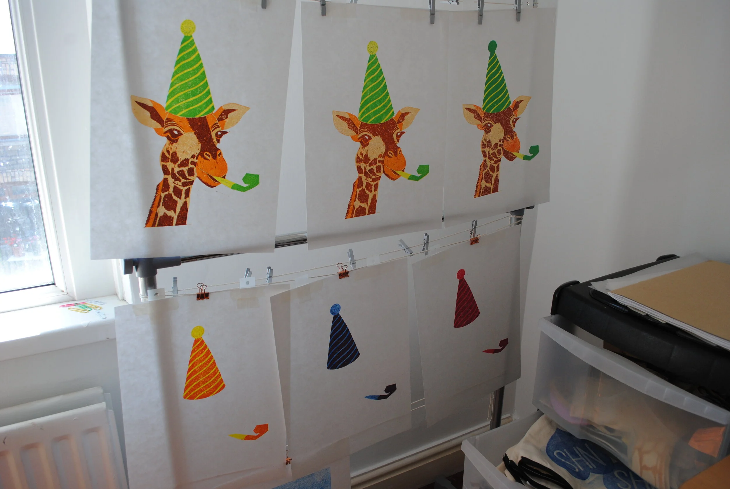 Reduction Linocut print drying on the rack. Home printmaking studio.JPG
