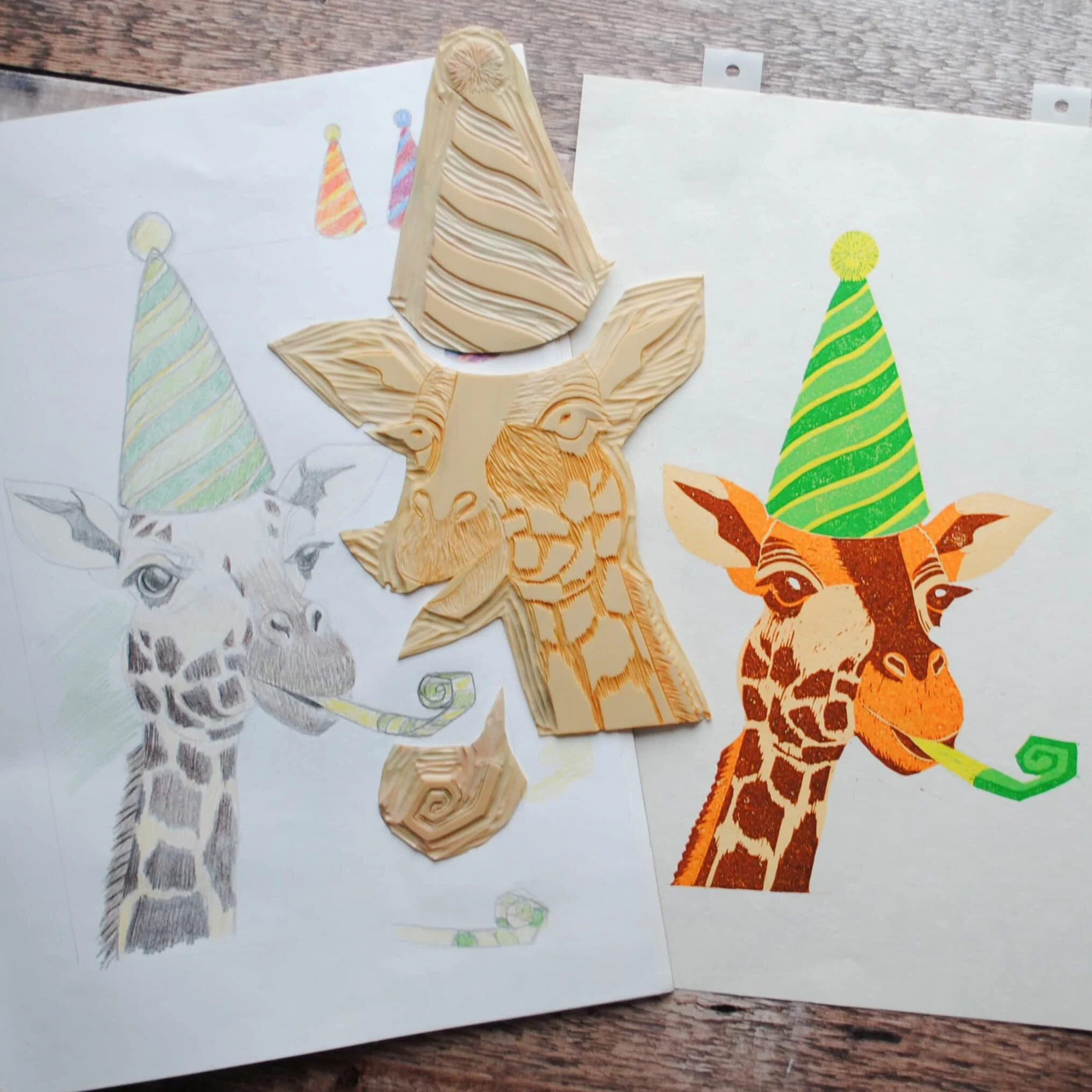 The Creation of my Giraffe Linocut Print