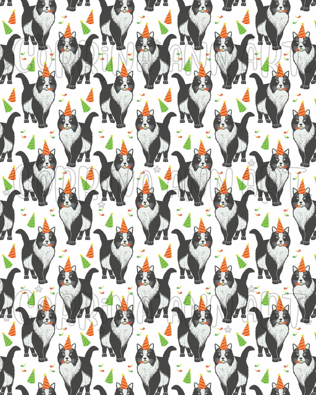 Party Fluffy Tuxedo Cat Birthday Wrapping Paper