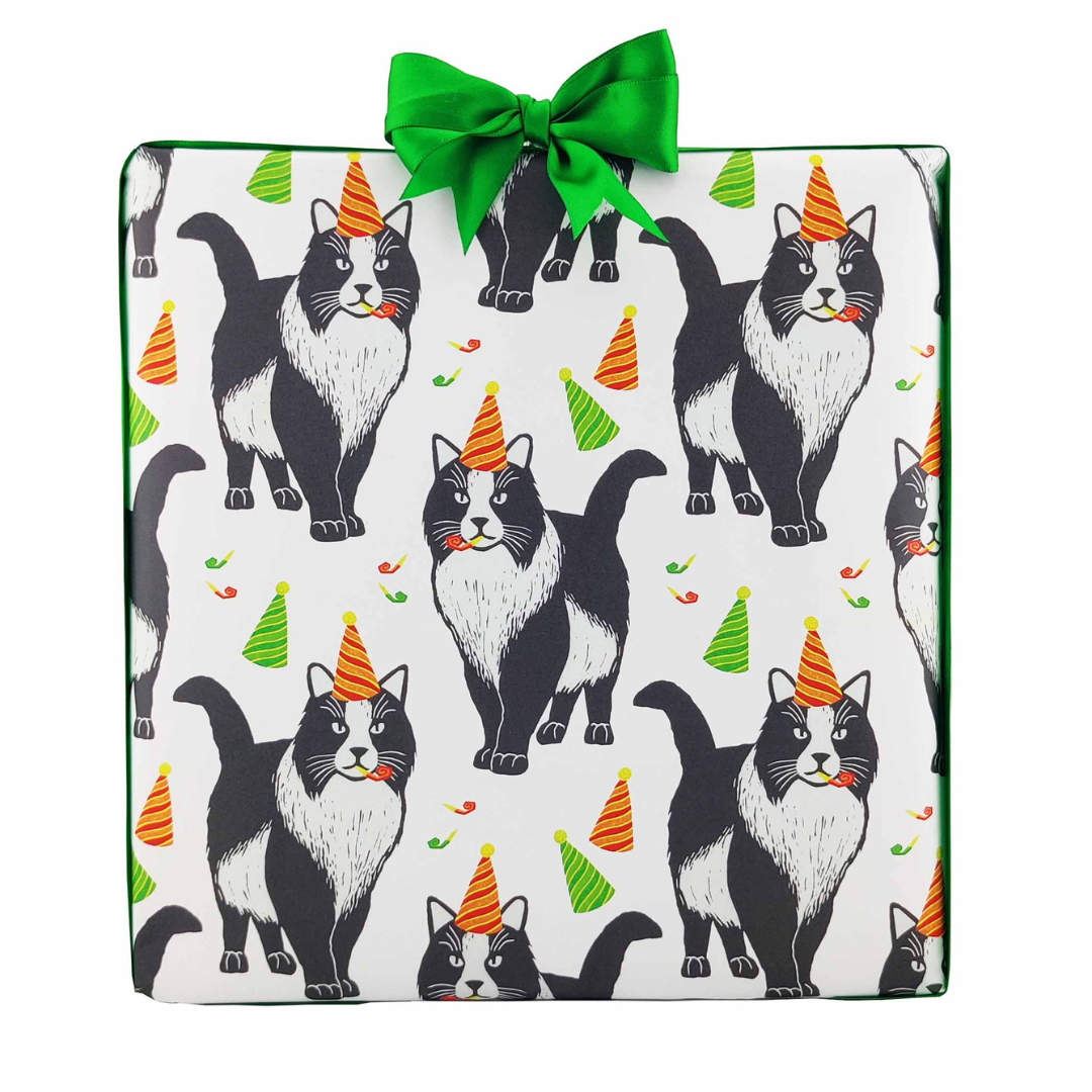 Party Fluffy Tuxedo Cat Birthday Wrapping Paper