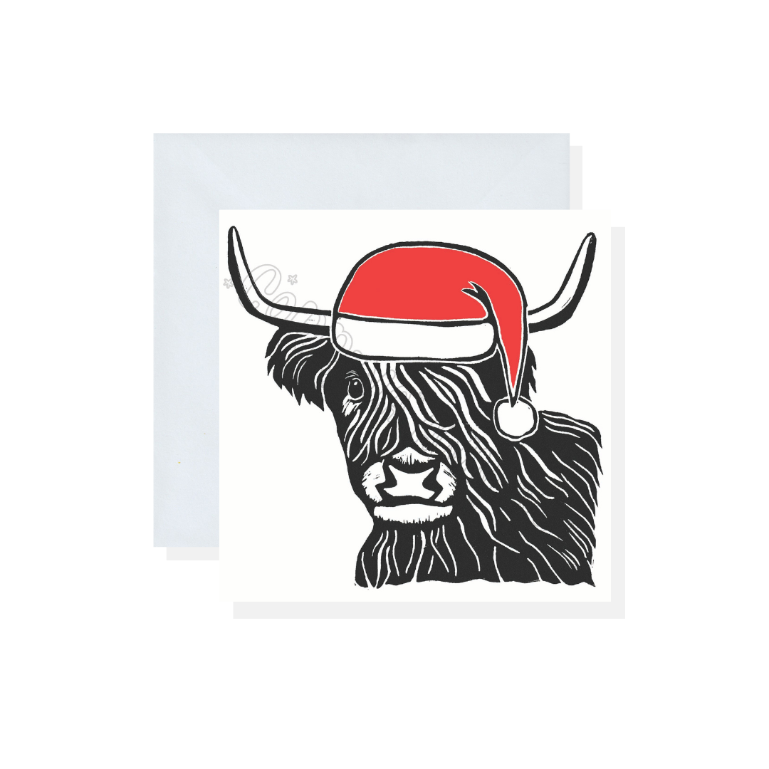 Highland Cow in a Santa Hat Christmas Card