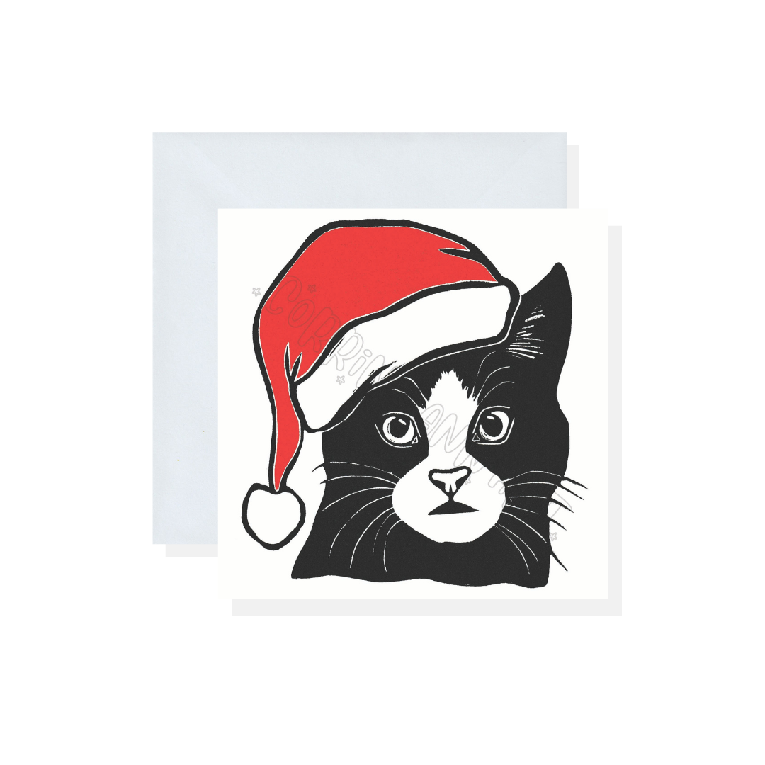 Black Cat in a Santa Hat Christmas Card