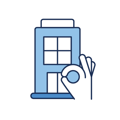 Line drawing of a hand holding a test tube in front of a building with windows.