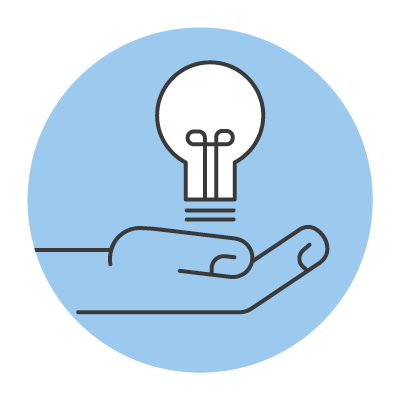 A hand holding a lightbulb icon against a blue circular background.